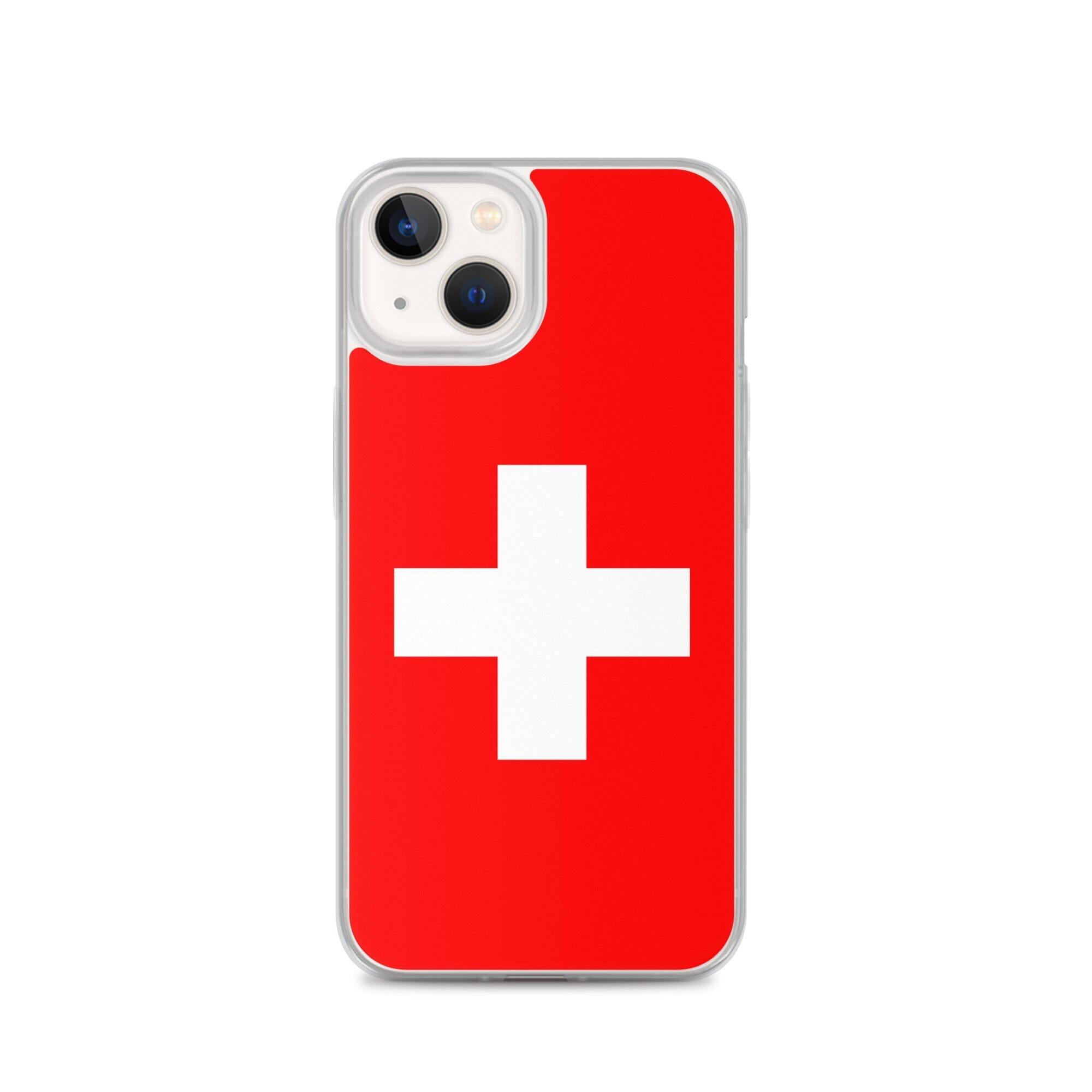 Coque de téléphone transparente avec le drapeau et les armoiries de la Suisse, conçue pour iPhone.