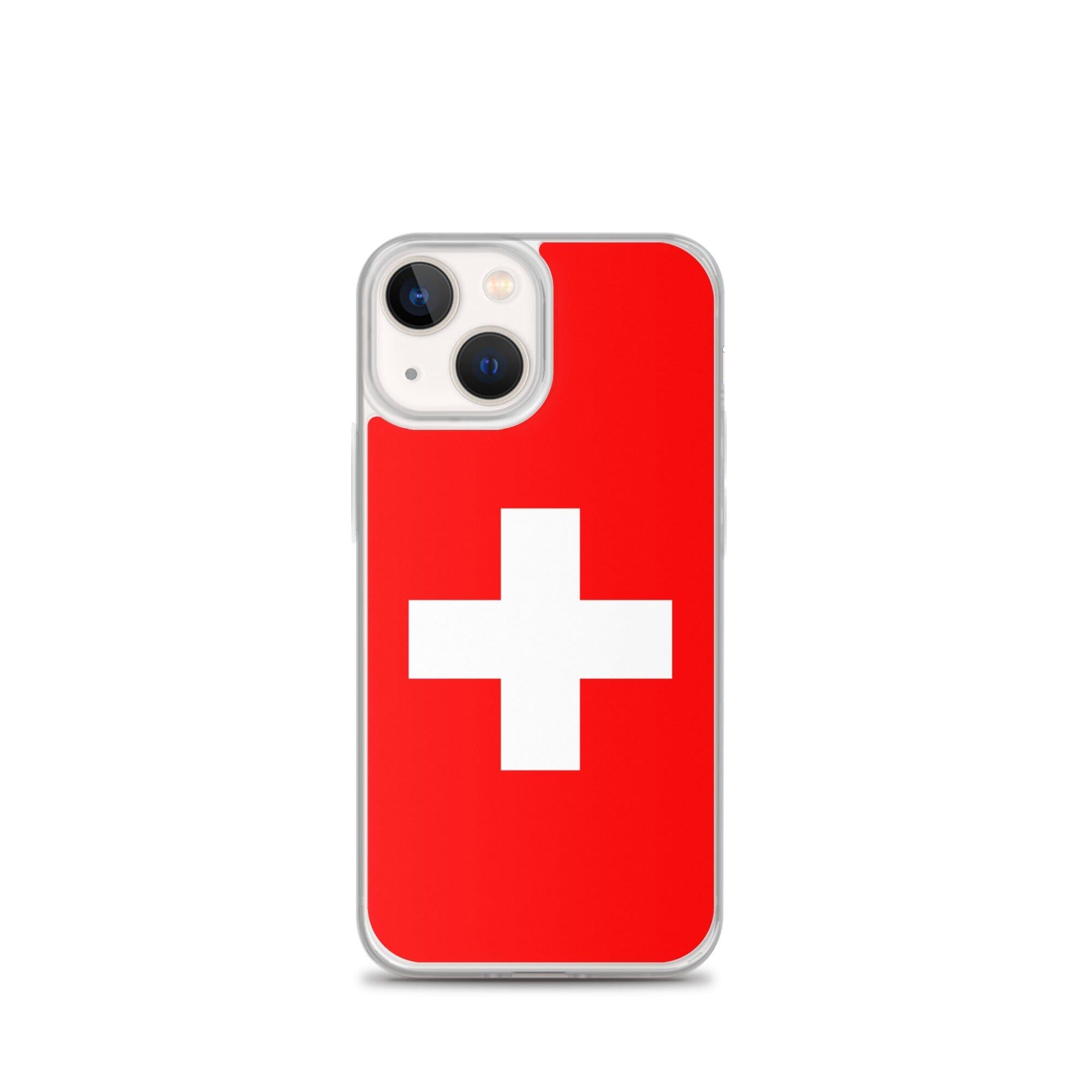 Coque de téléphone transparente avec le drapeau et les armoiries de la Suisse, conçue pour iPhone.