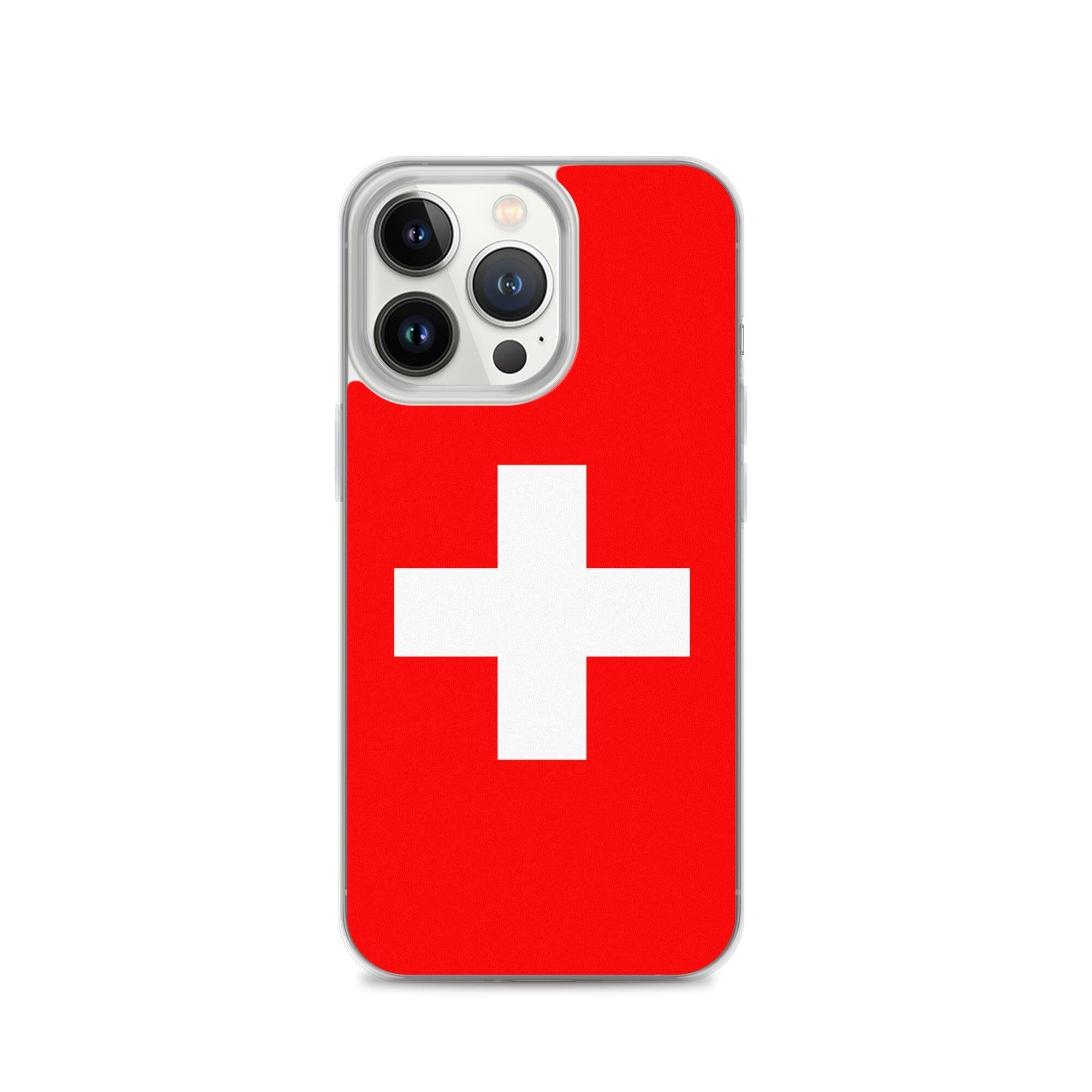 Coque de téléphone transparente avec le drapeau et les armoiries de la Suisse, conçue pour iPhone.