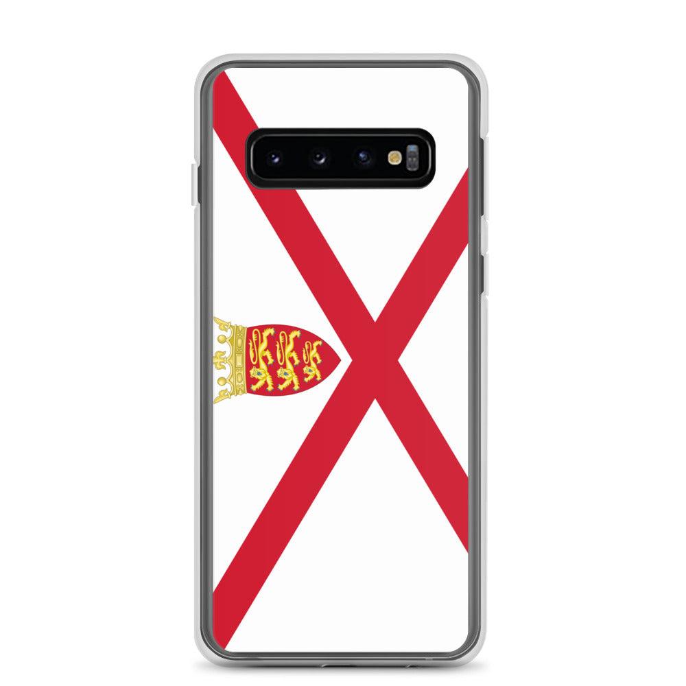 Coque de téléphone avec design du drapeau de Jersey, en TPU flexible et transparent, offrant une protection complète.