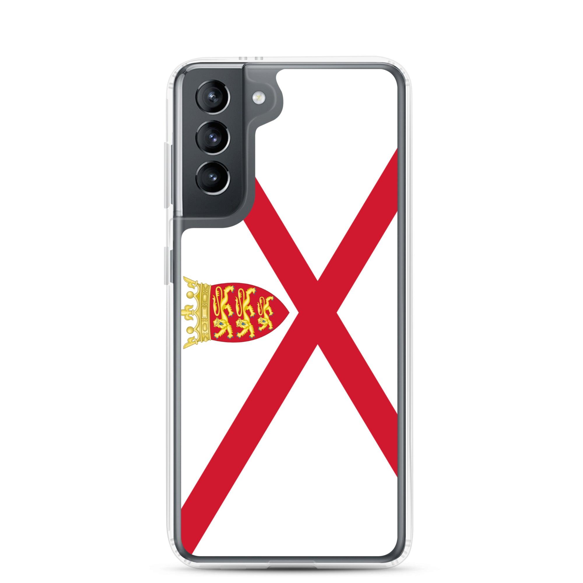 Coque de téléphone avec design du drapeau de Jersey, en TPU flexible et transparent, offrant une protection complète.