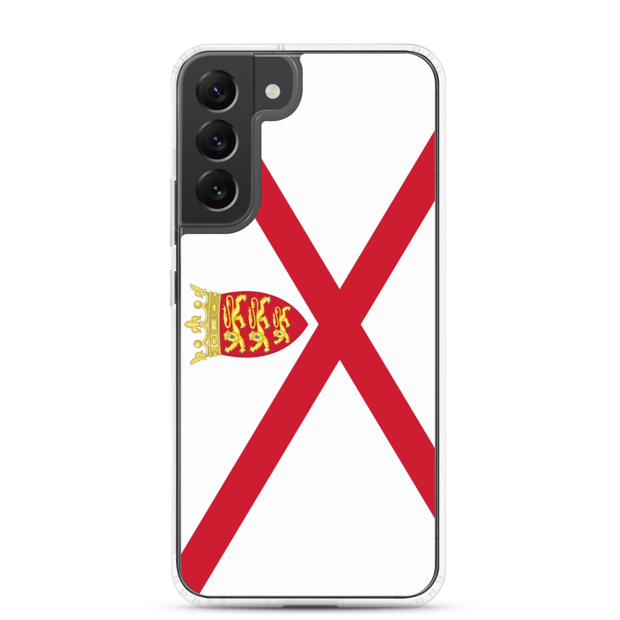 Coque de téléphone avec design du drapeau de Jersey, en TPU flexible et transparent, offrant une protection complète.