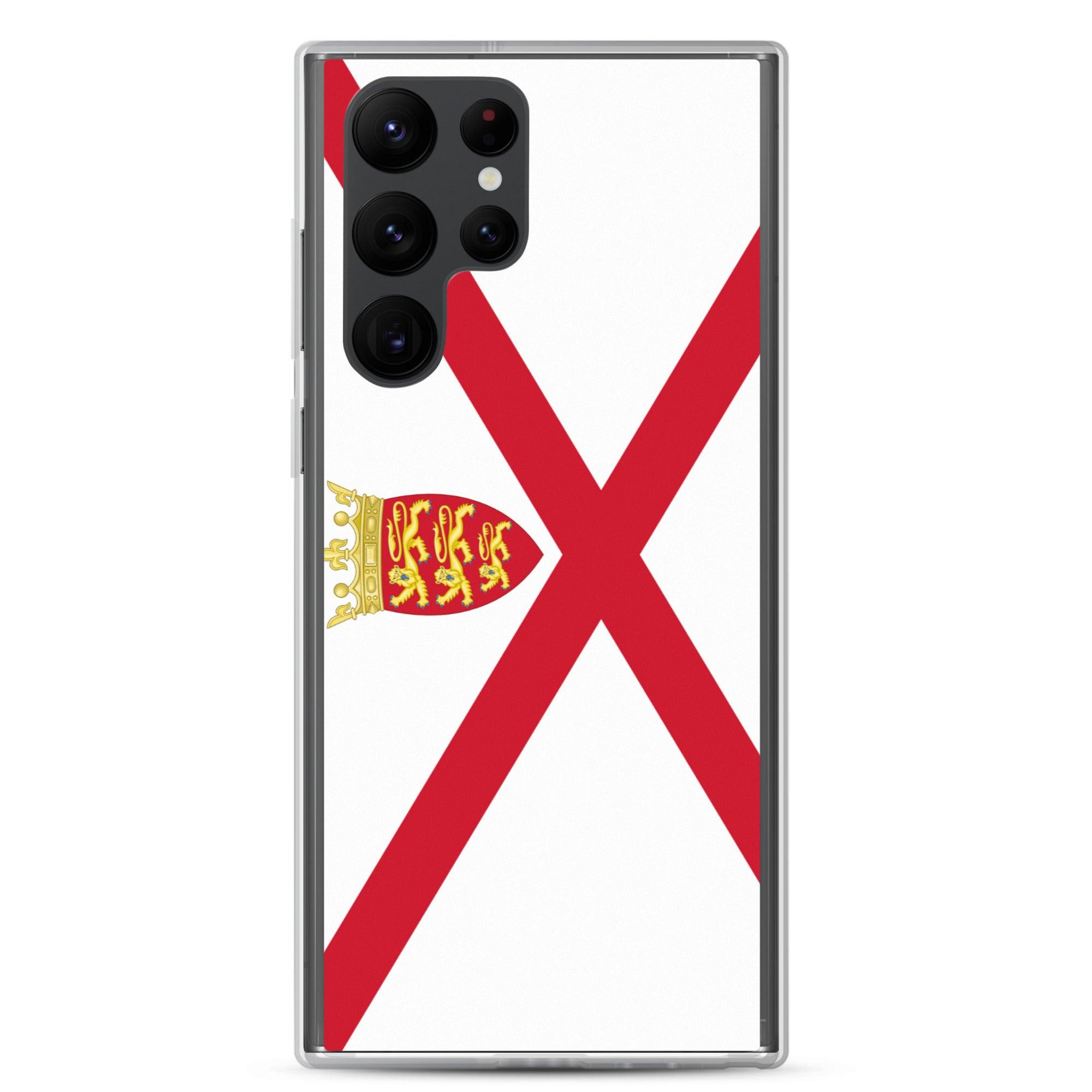 Coque de téléphone avec design du drapeau de Jersey, en TPU flexible et transparent, offrant une protection complète.