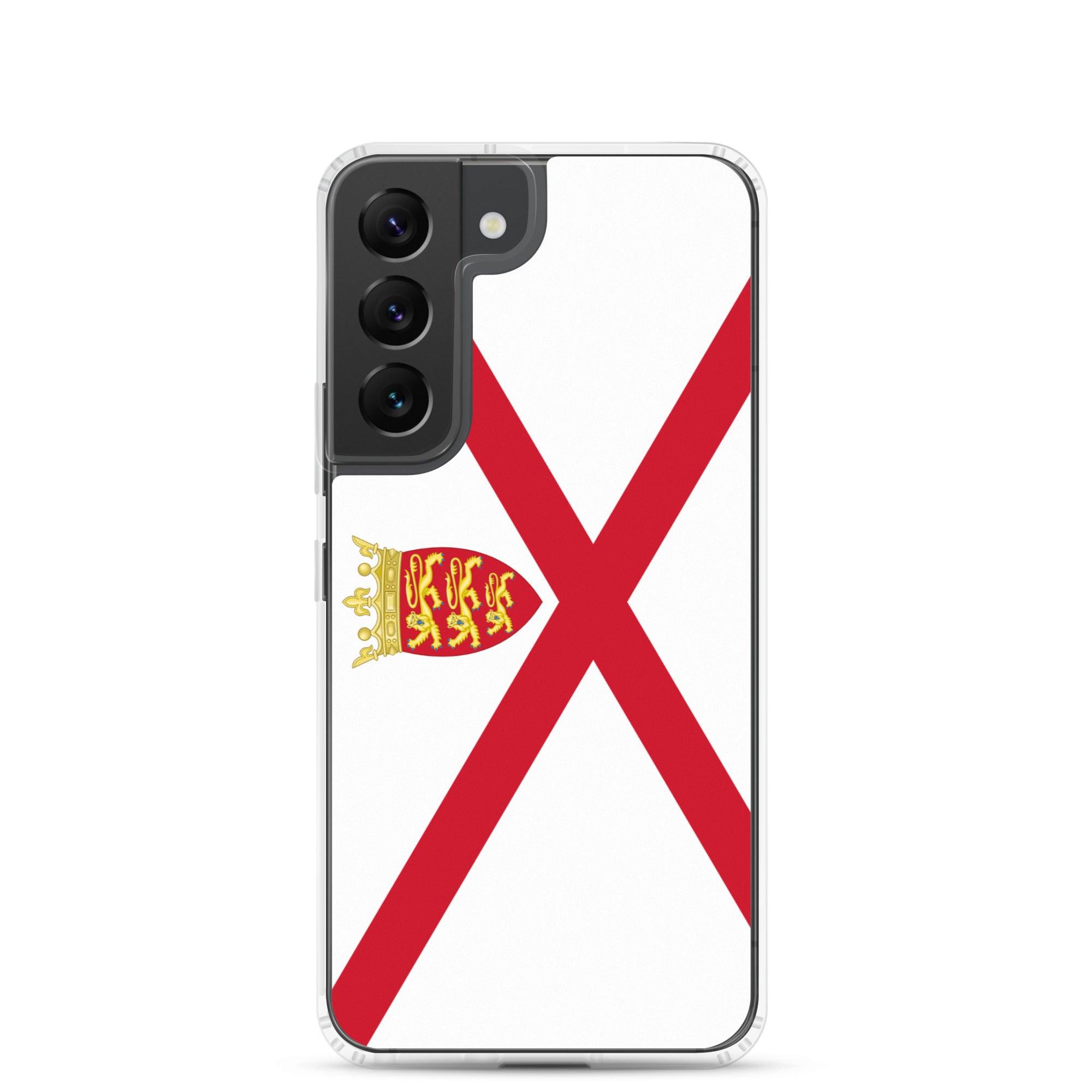 Coque de téléphone avec design du drapeau de Jersey, en TPU flexible et transparent, offrant une protection complète.