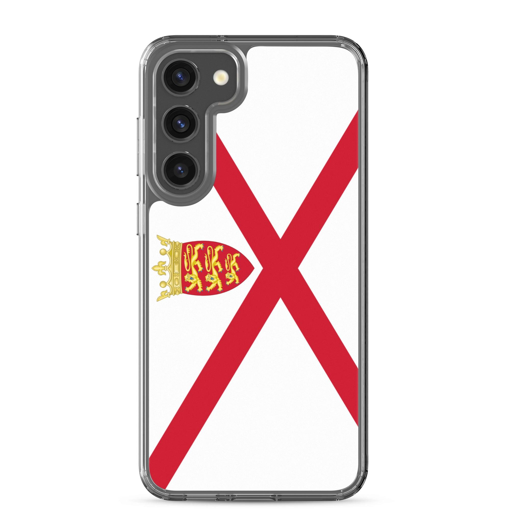 Coque de téléphone avec design du drapeau de Jersey, en TPU flexible et transparent, offrant une protection complète.