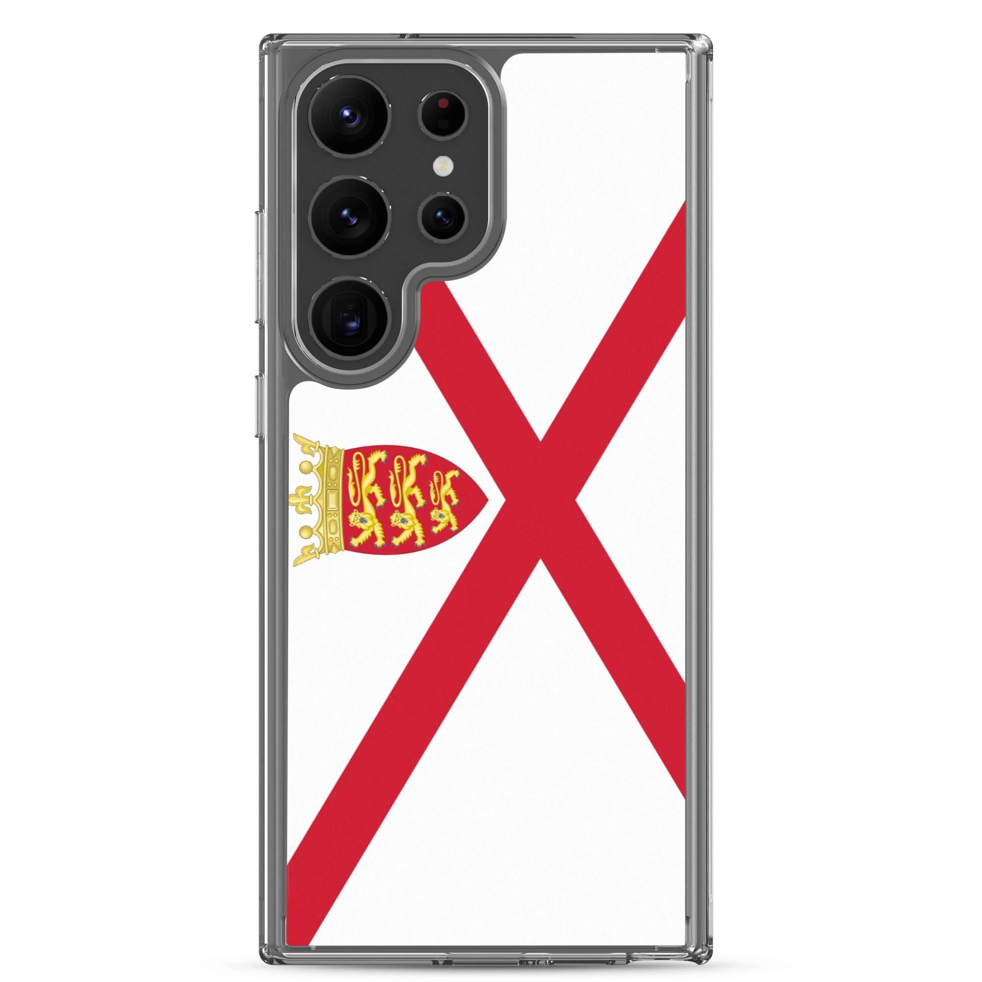 Coque de téléphone avec design du drapeau de Jersey, en TPU flexible et transparent, offrant une protection complète.