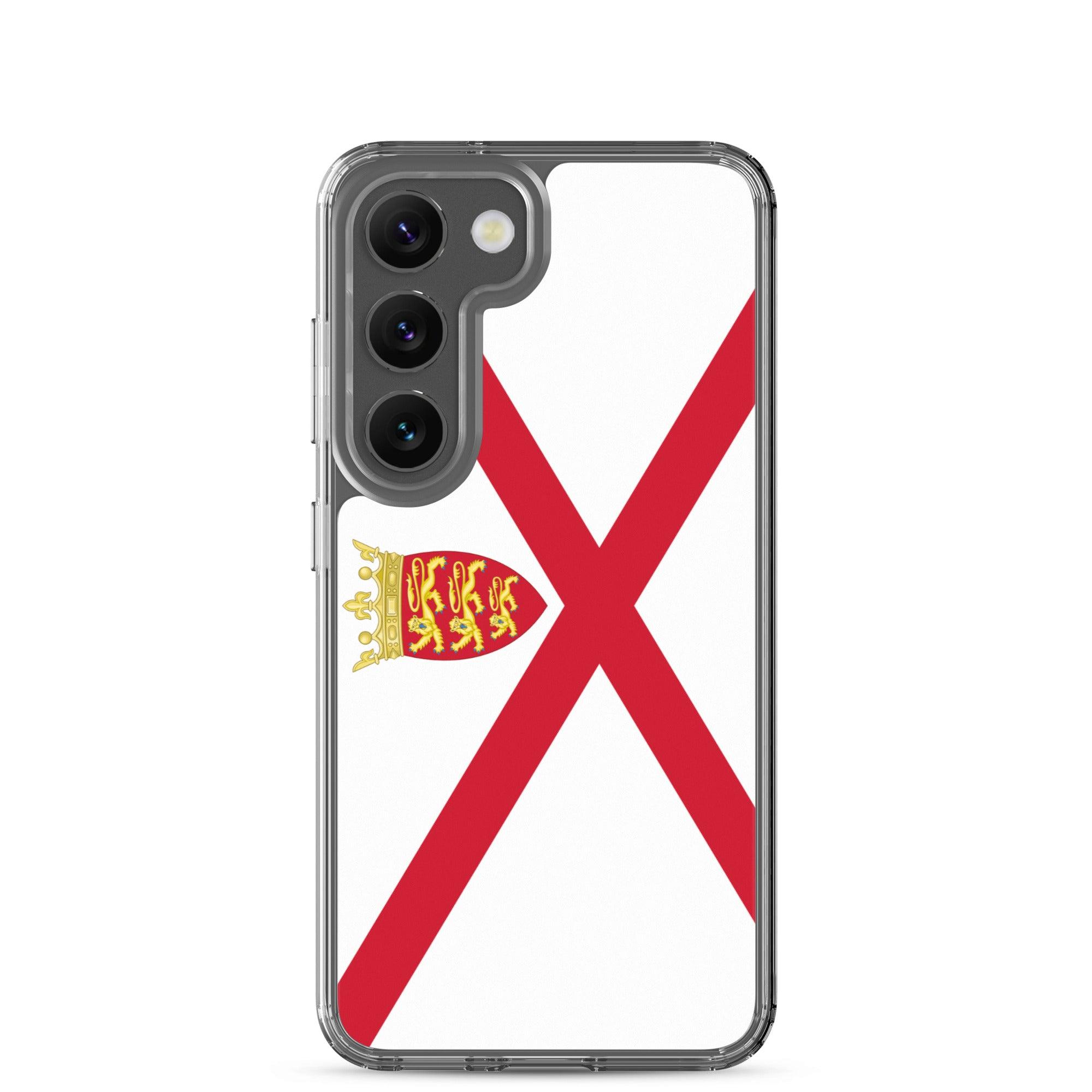 Coque de téléphone avec design du drapeau de Jersey, en TPU flexible et transparent, offrant une protection complète.