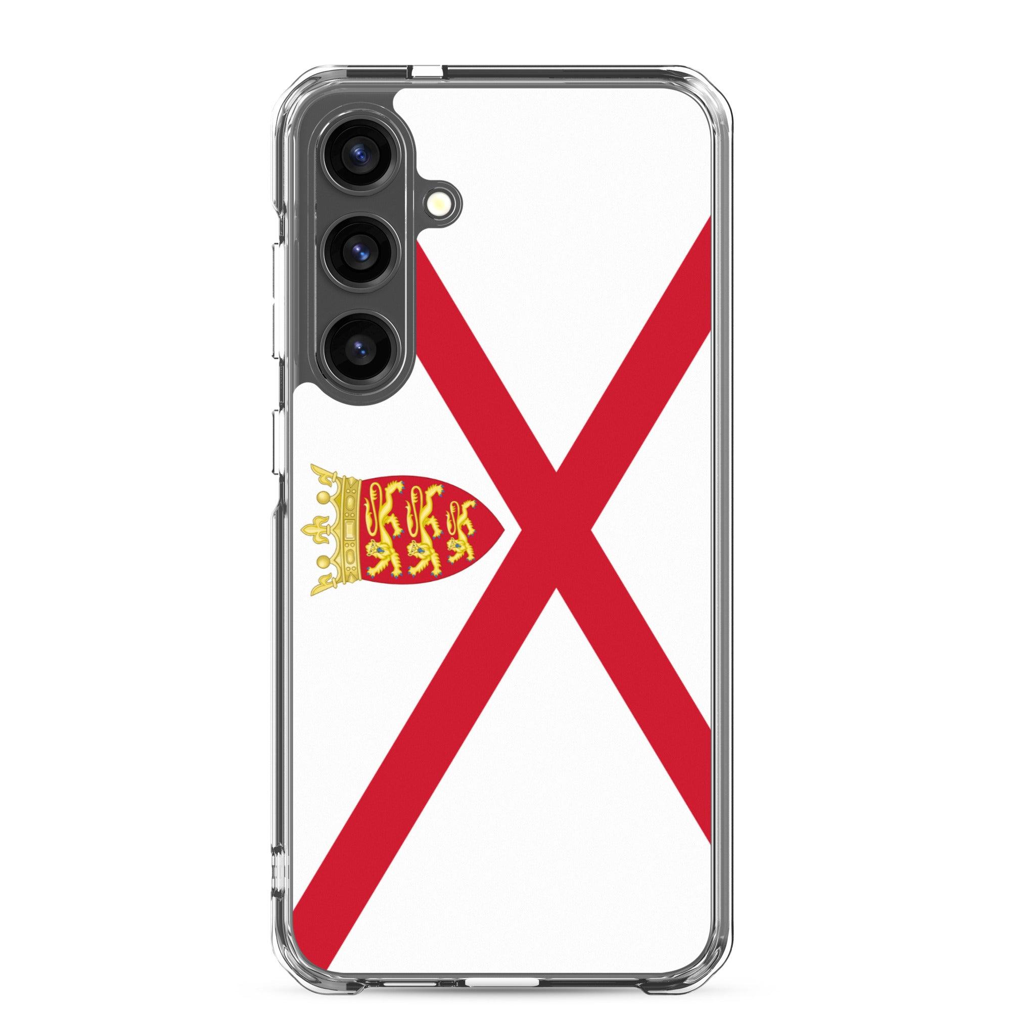 Coque de téléphone avec design du drapeau de Jersey, en TPU flexible et transparent, offrant une protection complète.