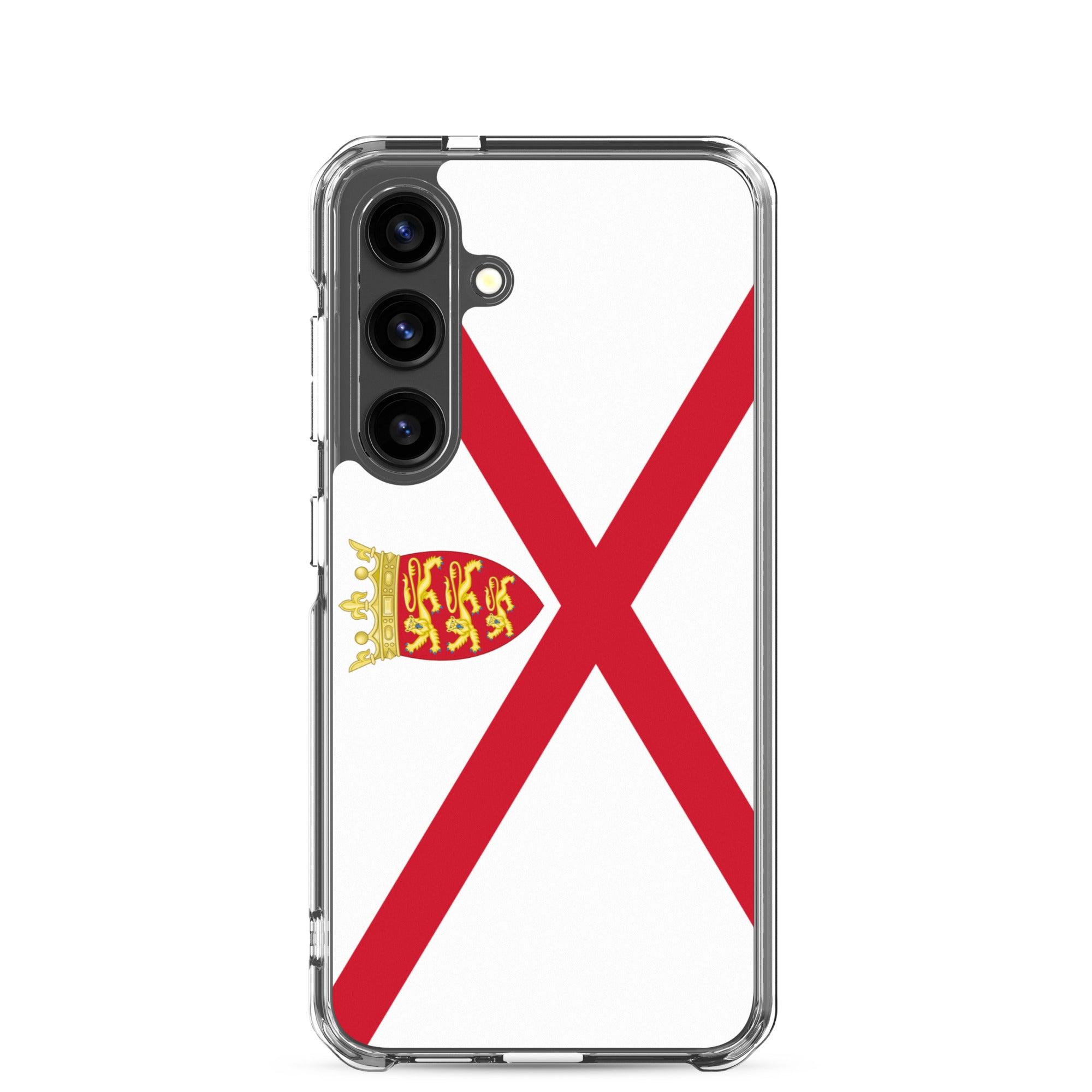 Coque de téléphone avec design du drapeau de Jersey, en TPU flexible et transparent, offrant une protection complète.