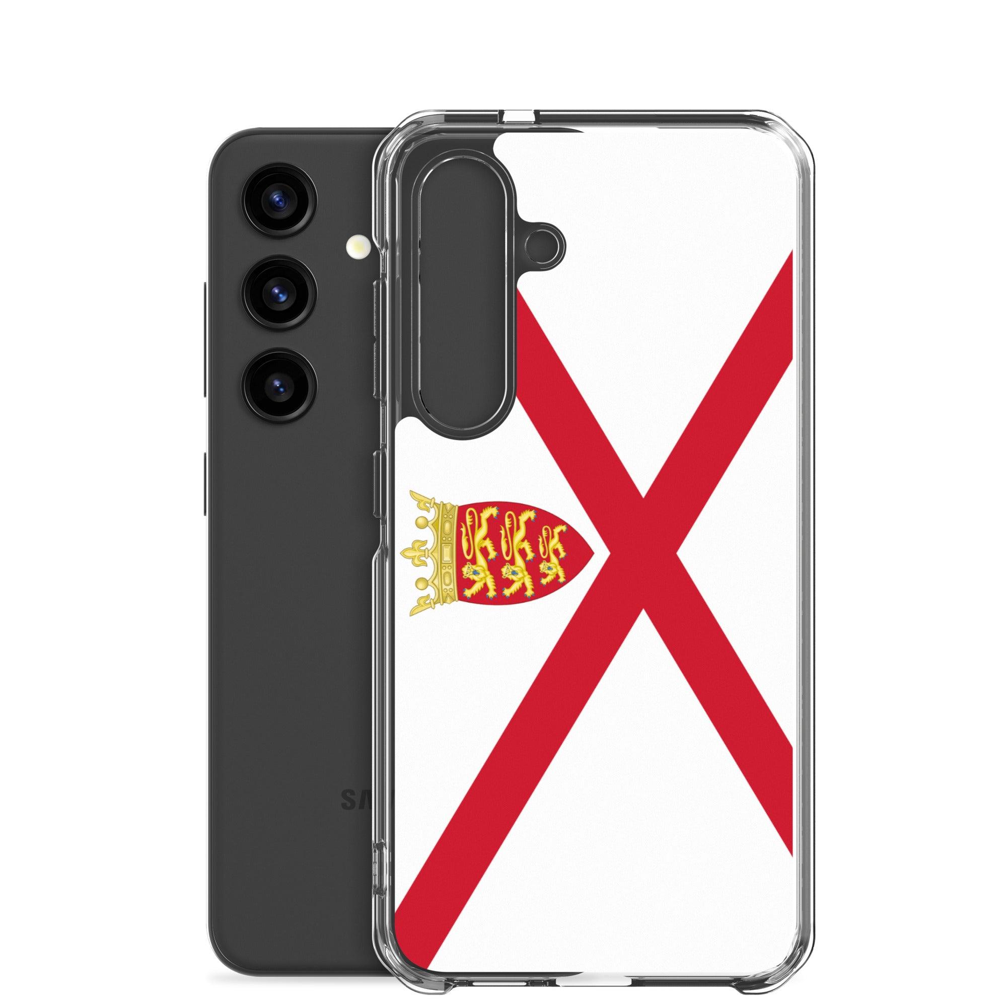 Coque de téléphone avec design du drapeau de Jersey, en TPU flexible et transparent, offrant une protection complète.