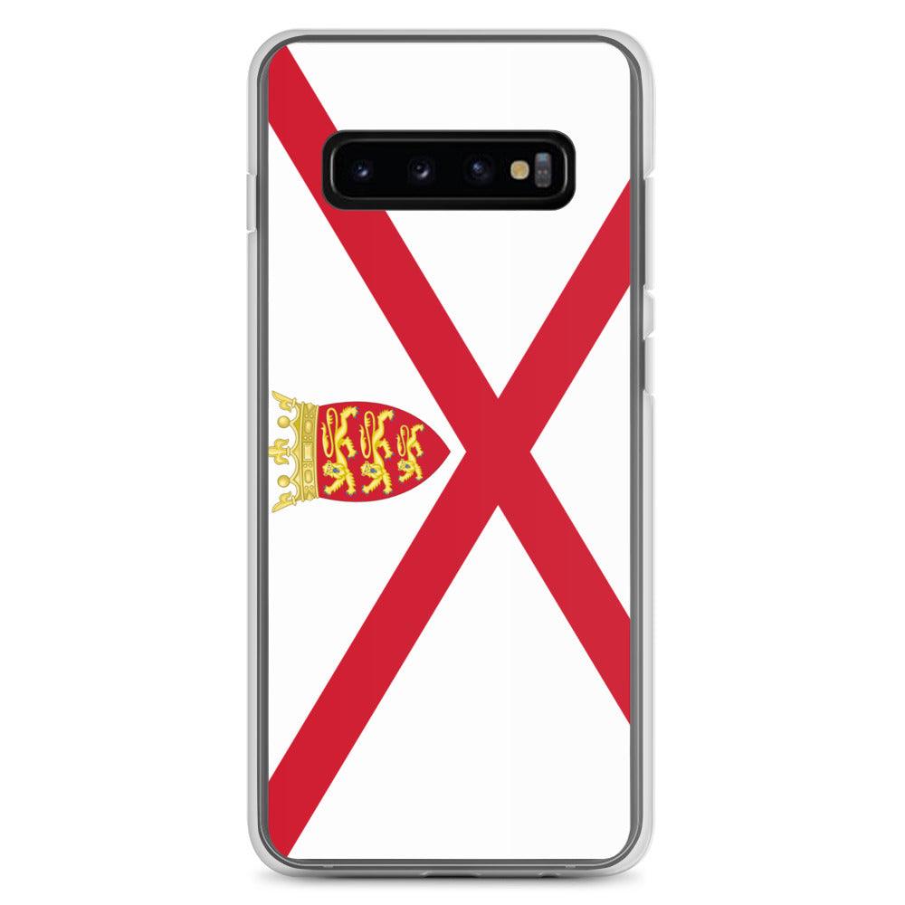 Coque de téléphone avec design du drapeau de Jersey, en TPU flexible et transparent, offrant une protection complète.