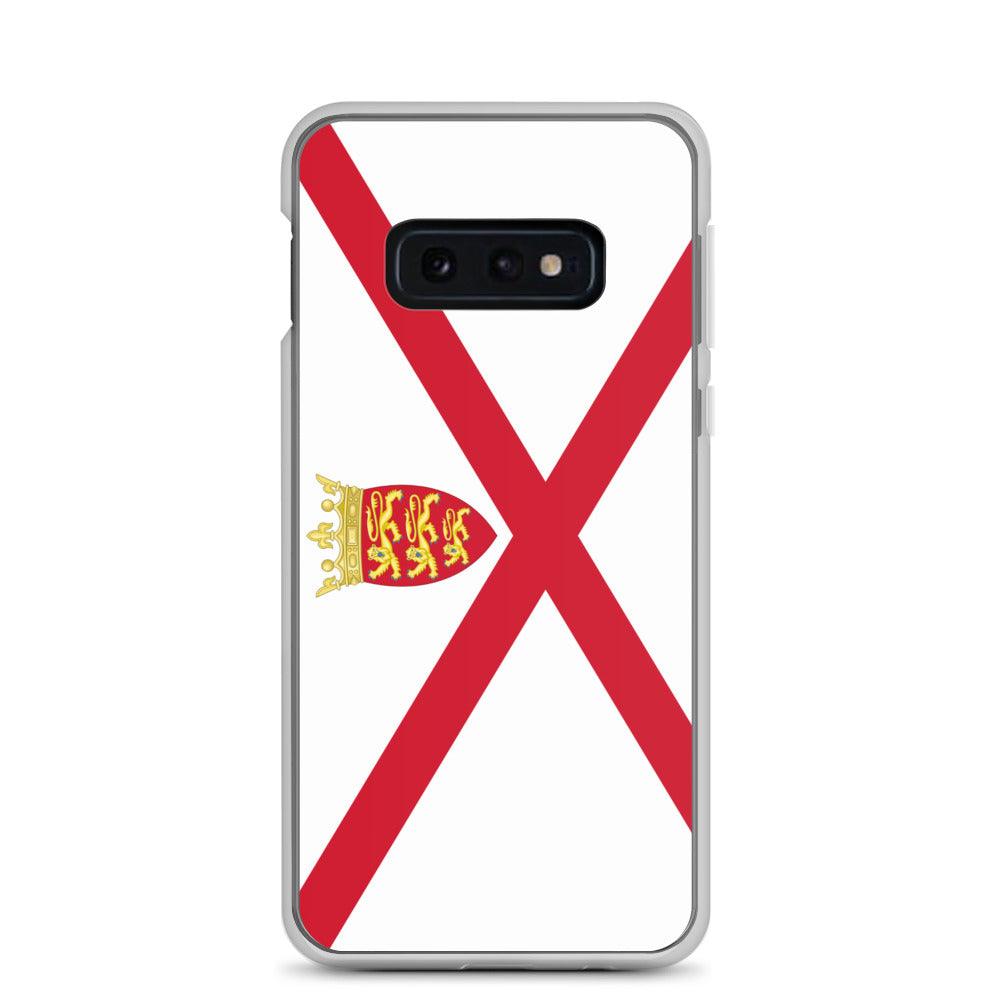 Coque de téléphone avec design du drapeau de Jersey, en TPU flexible et transparent, offrant une protection complète.