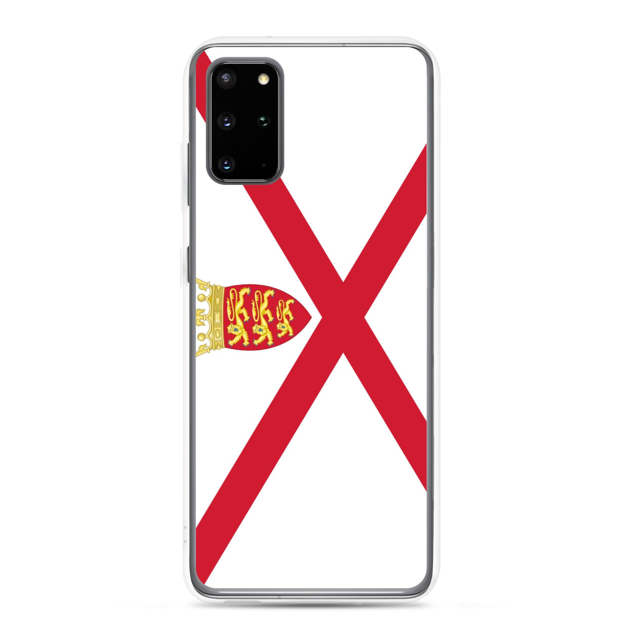 Coque de téléphone avec design du drapeau de Jersey, en TPU flexible et transparent, offrant une protection complète.