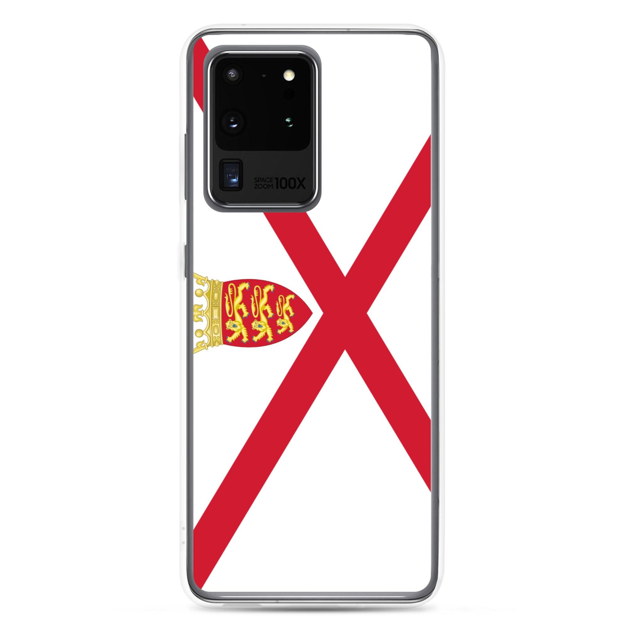 Coque de téléphone avec design du drapeau de Jersey, en TPU flexible et transparent, offrant une protection complète.