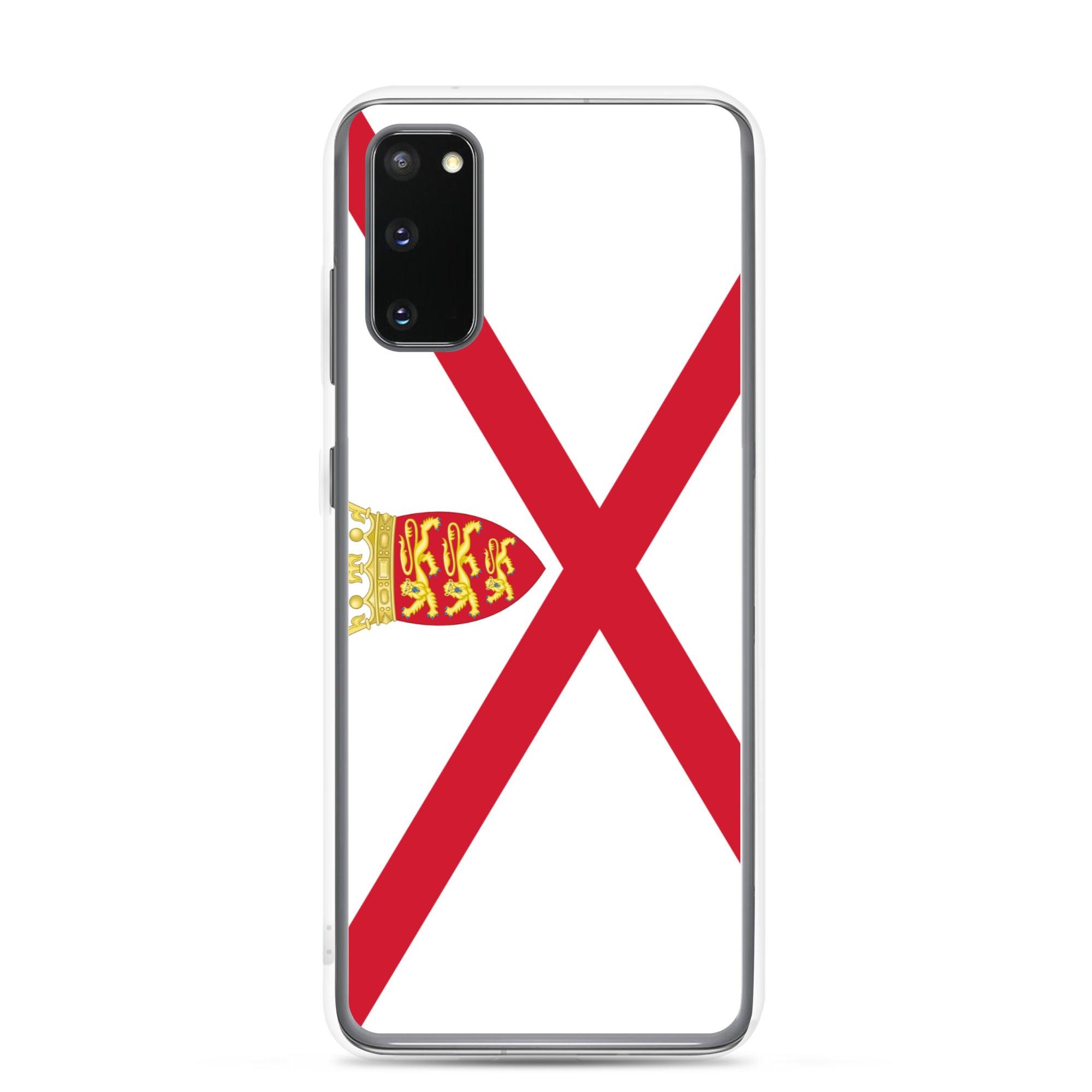 Coque de téléphone avec design du drapeau de Jersey, en TPU flexible et transparent, offrant une protection complète.