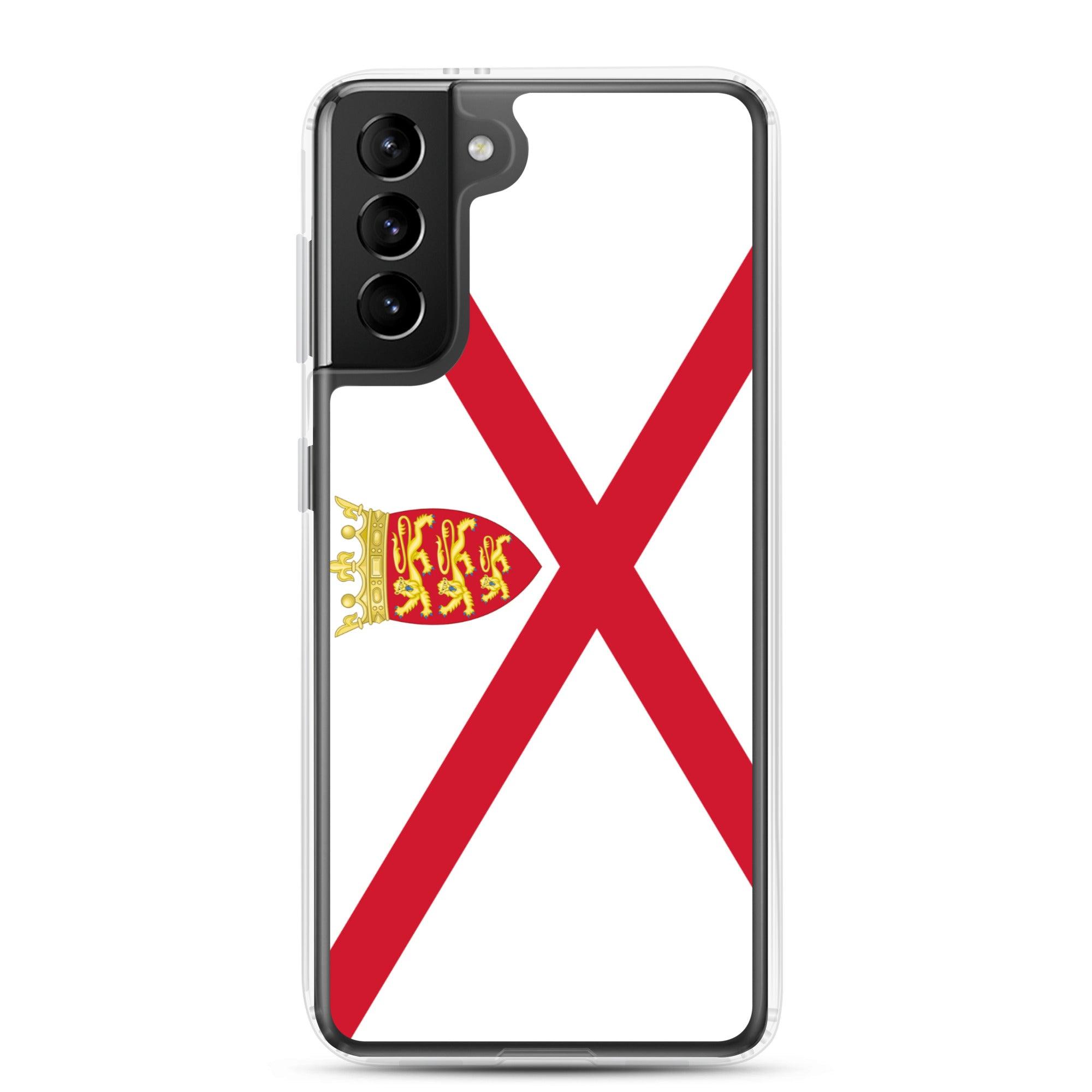 Coque de téléphone avec design du drapeau de Jersey, en TPU flexible et transparent, offrant une protection complète.