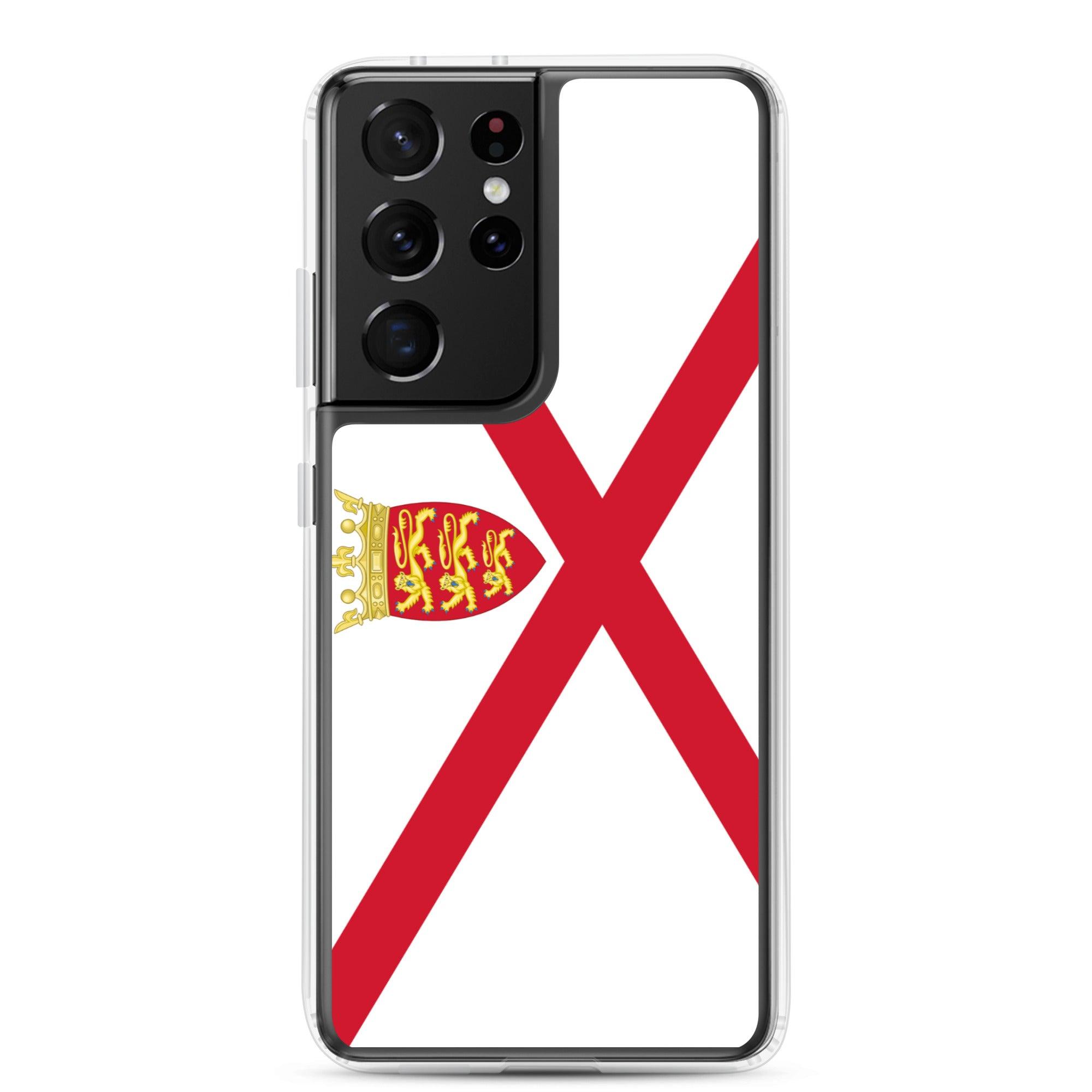 Coque de téléphone avec design du drapeau de Jersey, en TPU flexible et transparent, offrant une protection complète.