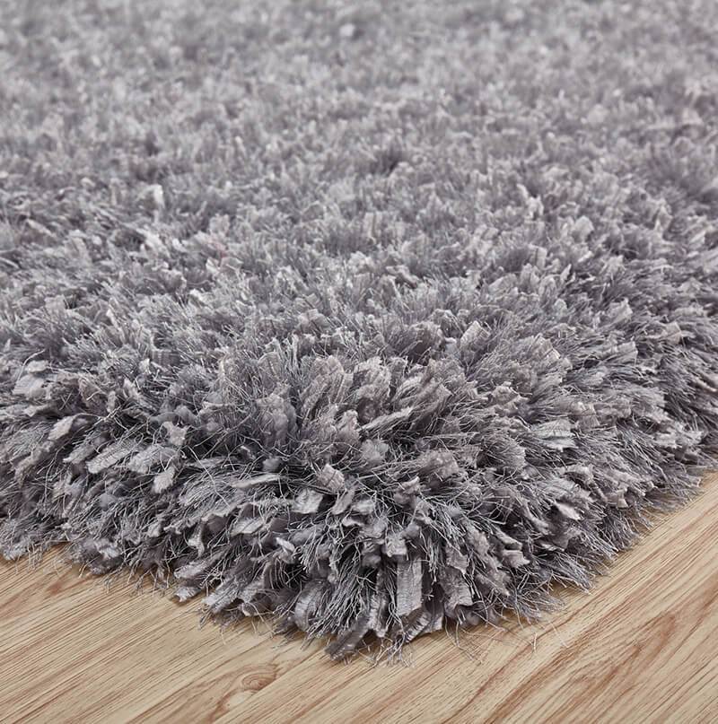 Coral Platinum Shag Area Rug in silver, showcasing its plush high-pile texture and elegant design.