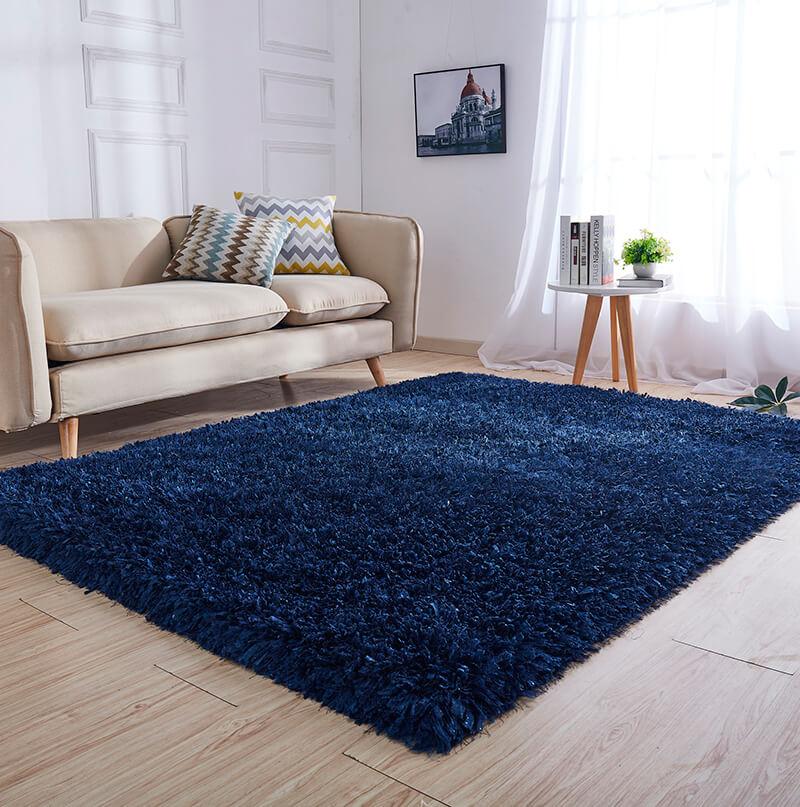 Coral Navy Shag Area Rug with high pile texture, hand-tufted from plush polyester, ideal for cozy home decor.