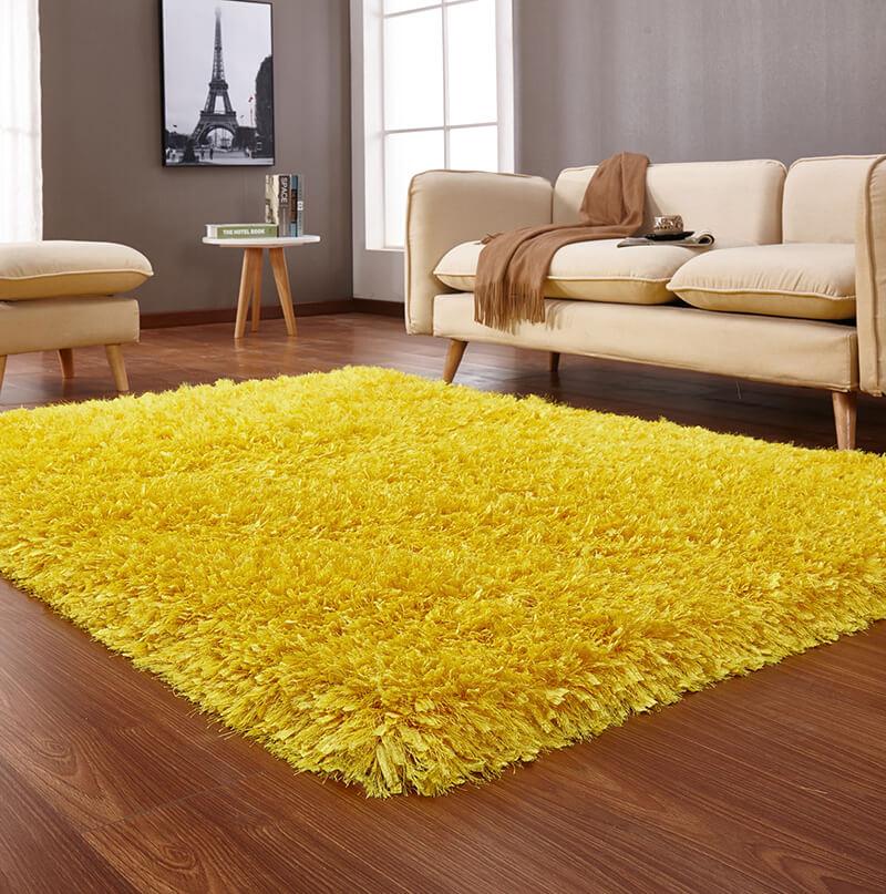 Coral Shag Area Rug in vibrant yellow, showcasing plush high-pile texture and stylish design, perfect for home decor.