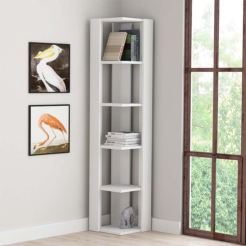 CANDY White Corner Bookcase featuring a sleek design, made of durable melamine, fitting perfectly in a corner space.