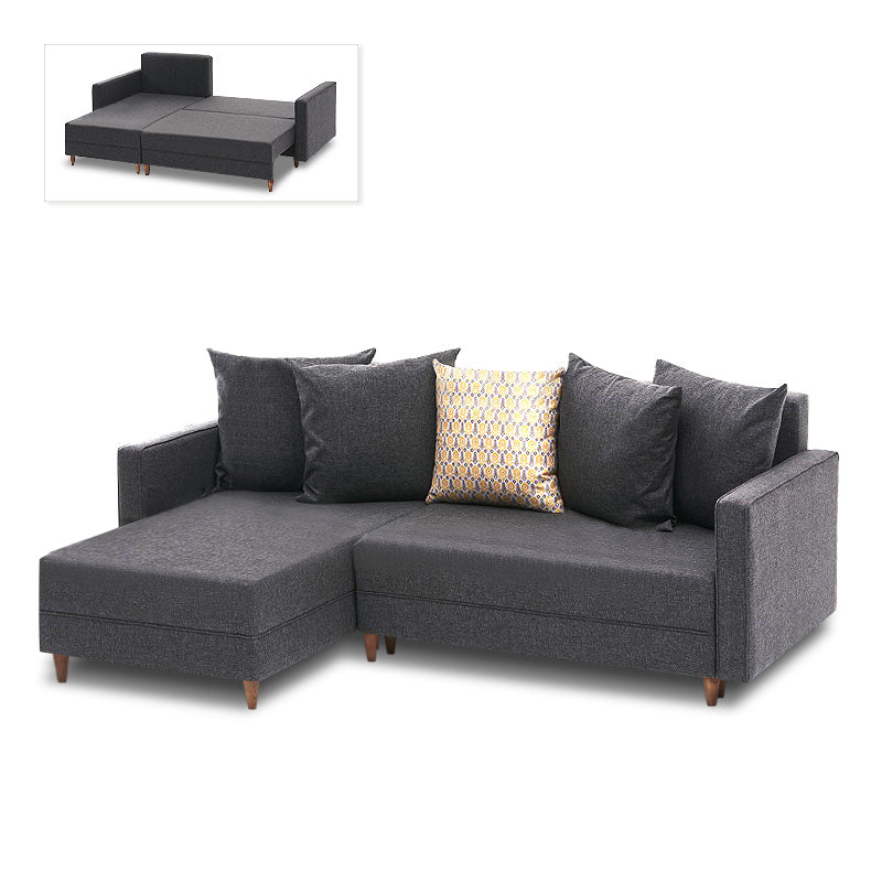 AMIRA Corner Sofa/Bed in anthracite color, featuring left corner design, storage space, and stylish walnut wood look legs.