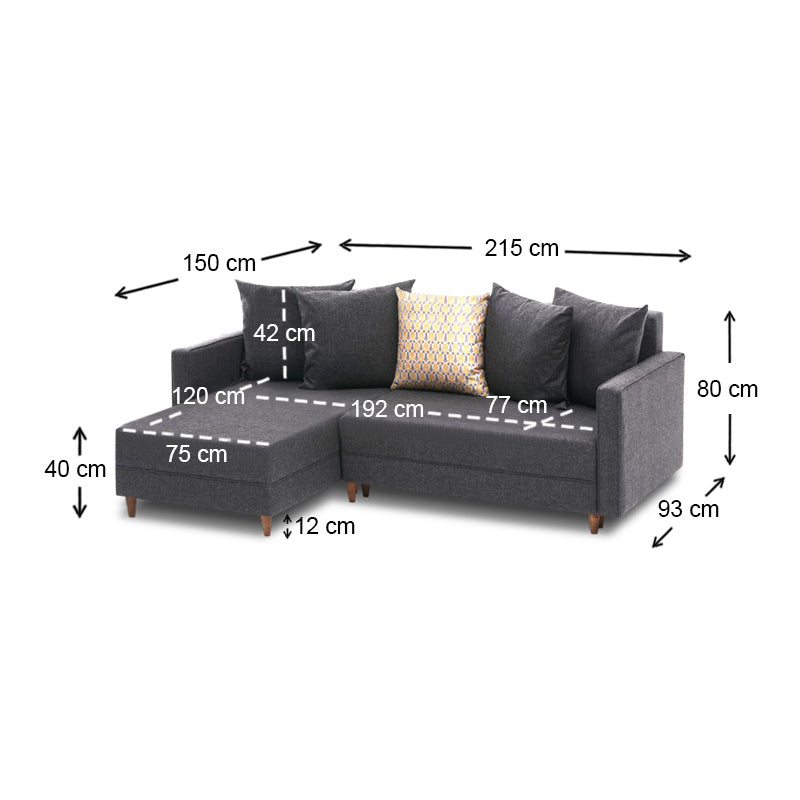 AMIRA Corner Sofa/Bed in anthracite color, featuring left corner design, storage space, and stylish walnut wood look legs.