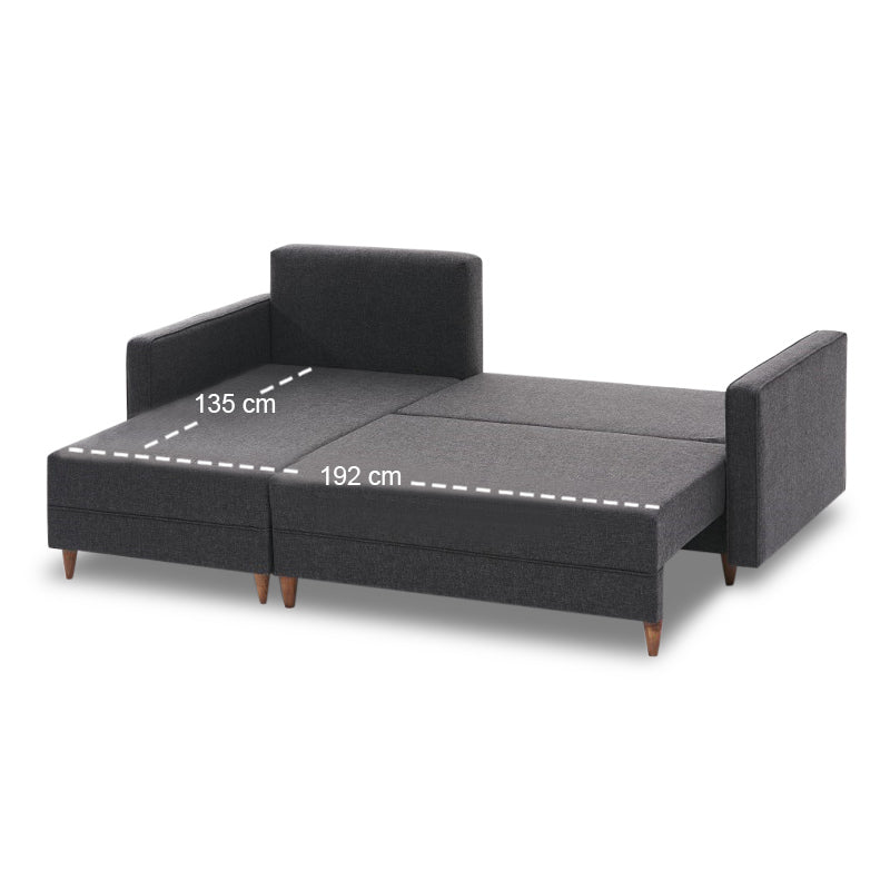 AMIRA Corner Sofa/Bed in anthracite color, featuring left corner design, storage space, and stylish walnut wood look legs.