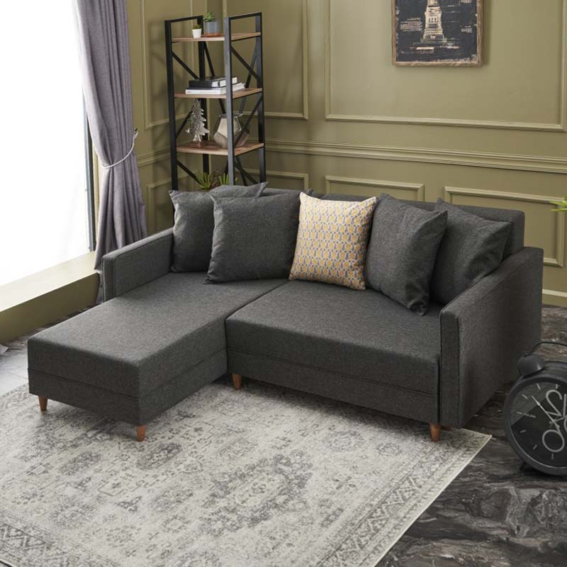 AMIRA Corner Sofa/Bed in anthracite color, featuring left corner design, storage space, and stylish walnut wood look legs.