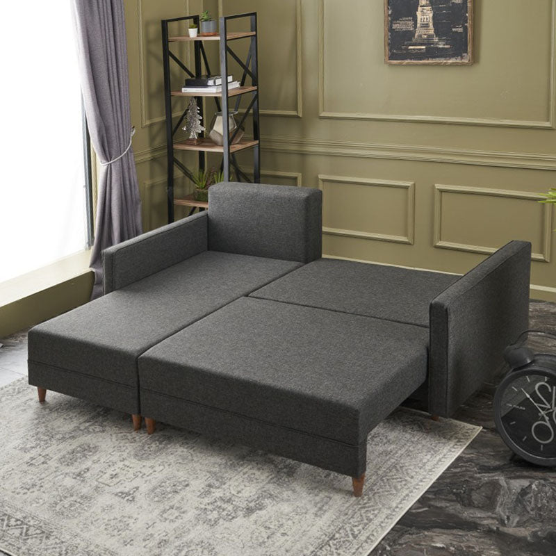 AMIRA Corner Sofa/Bed in anthracite color, featuring left corner design, storage space, and stylish walnut wood look legs.