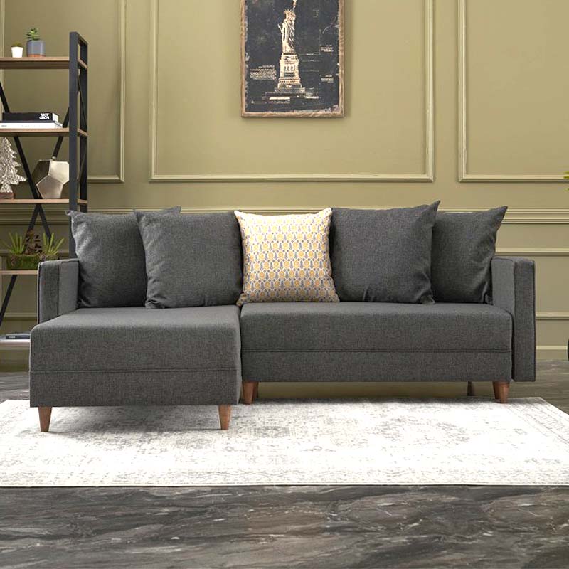 AMIRA Corner Sofa/Bed in anthracite color, featuring left corner design, storage space, and stylish walnut wood look legs.