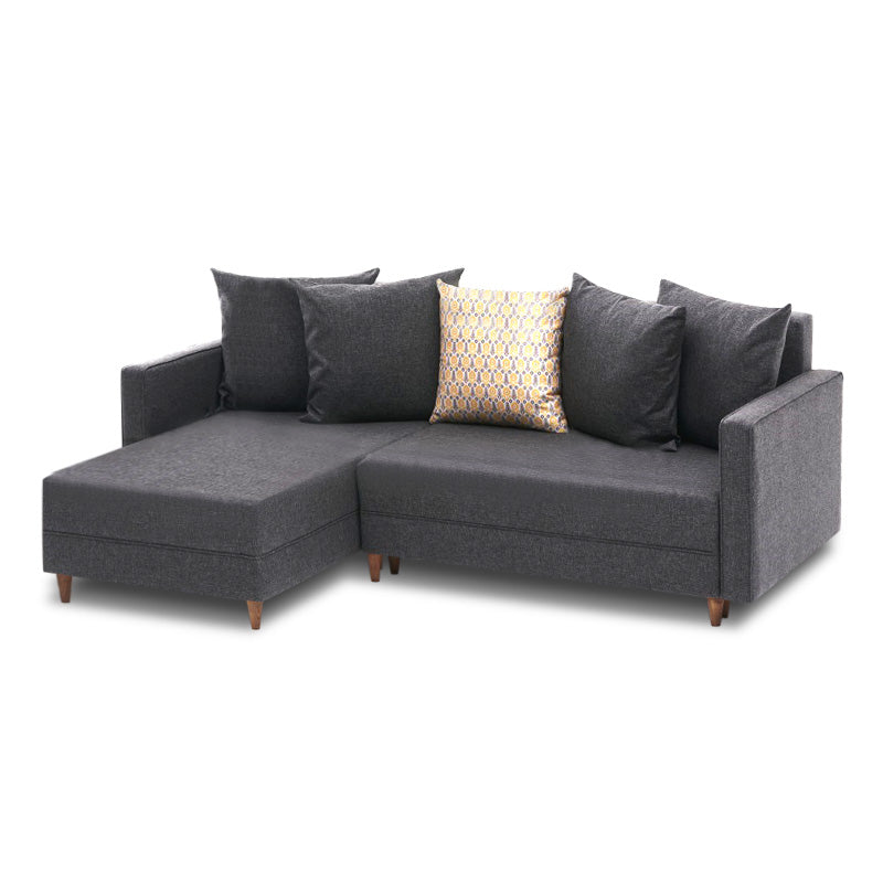 AMIRA Corner Sofa/Bed in anthracite color, featuring left corner design, storage space, and stylish walnut wood look legs.