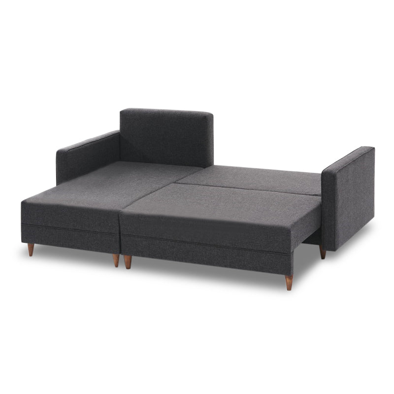 AMIRA Corner Sofa/Bed in anthracite color, featuring left corner design, storage space, and stylish walnut wood look legs.