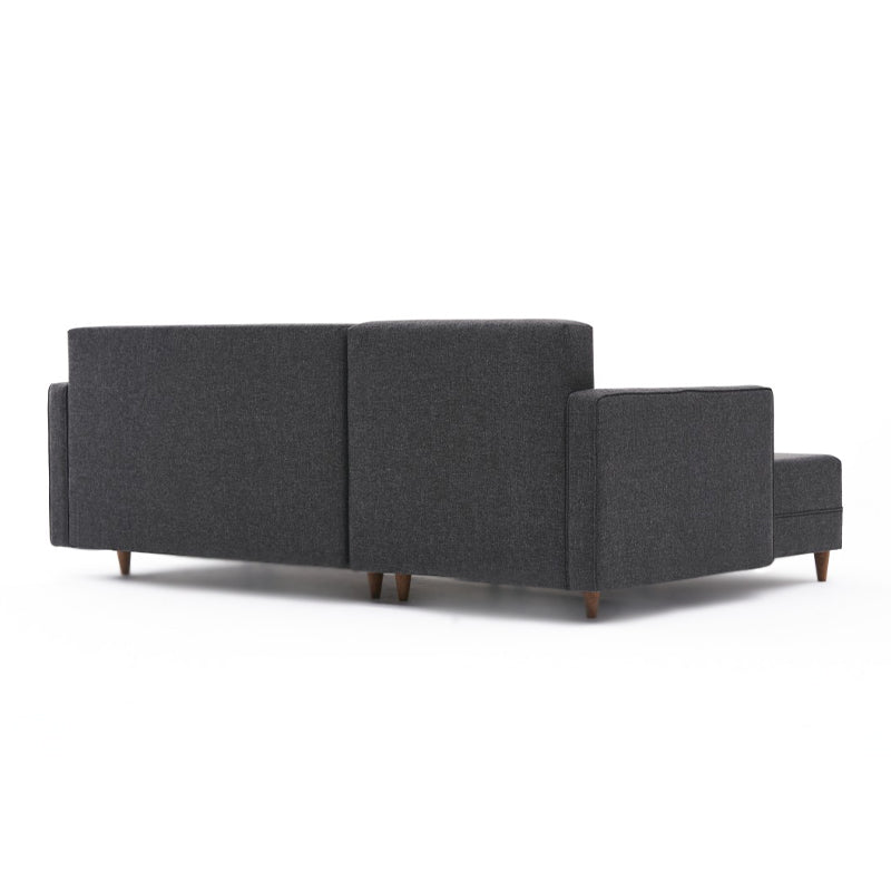 AMIRA Corner Sofa/Bed in anthracite color, featuring left corner design, storage space, and stylish walnut wood look legs.