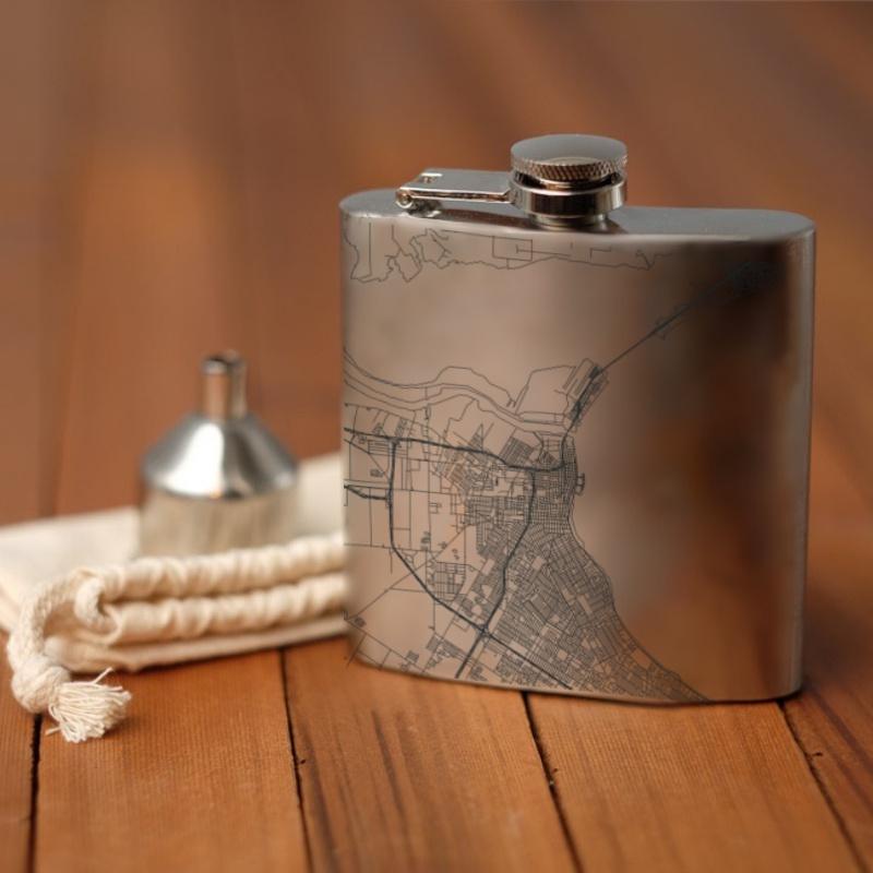 Custom engraved 6oz hip flask featuring a map of Corpus Christi, Texas, with a canvas bag and funnel.