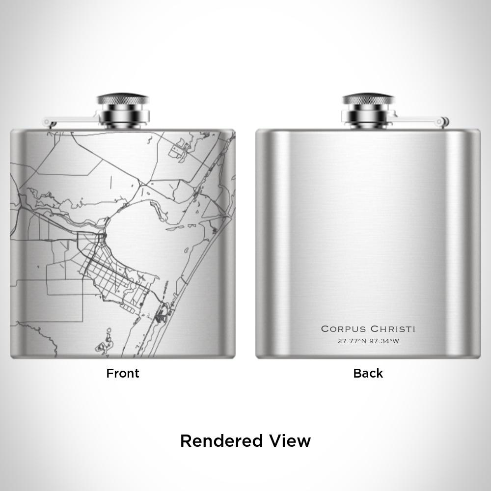 Custom engraved 6oz hip flask featuring a map of Corpus Christi, Texas, with a canvas bag and funnel.