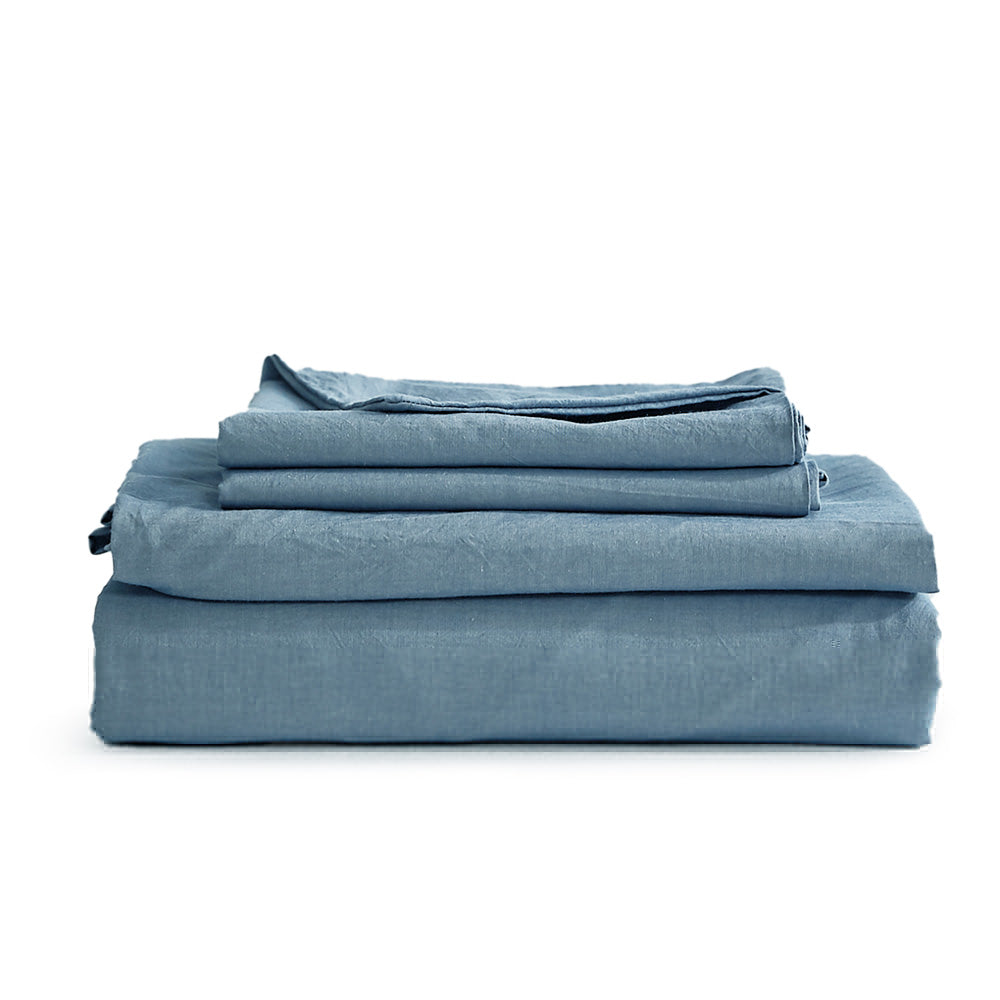 Cosy Club Washed Cotton Sheet Set in Blue, featuring a soft texture and stylish design, perfect for double beds.