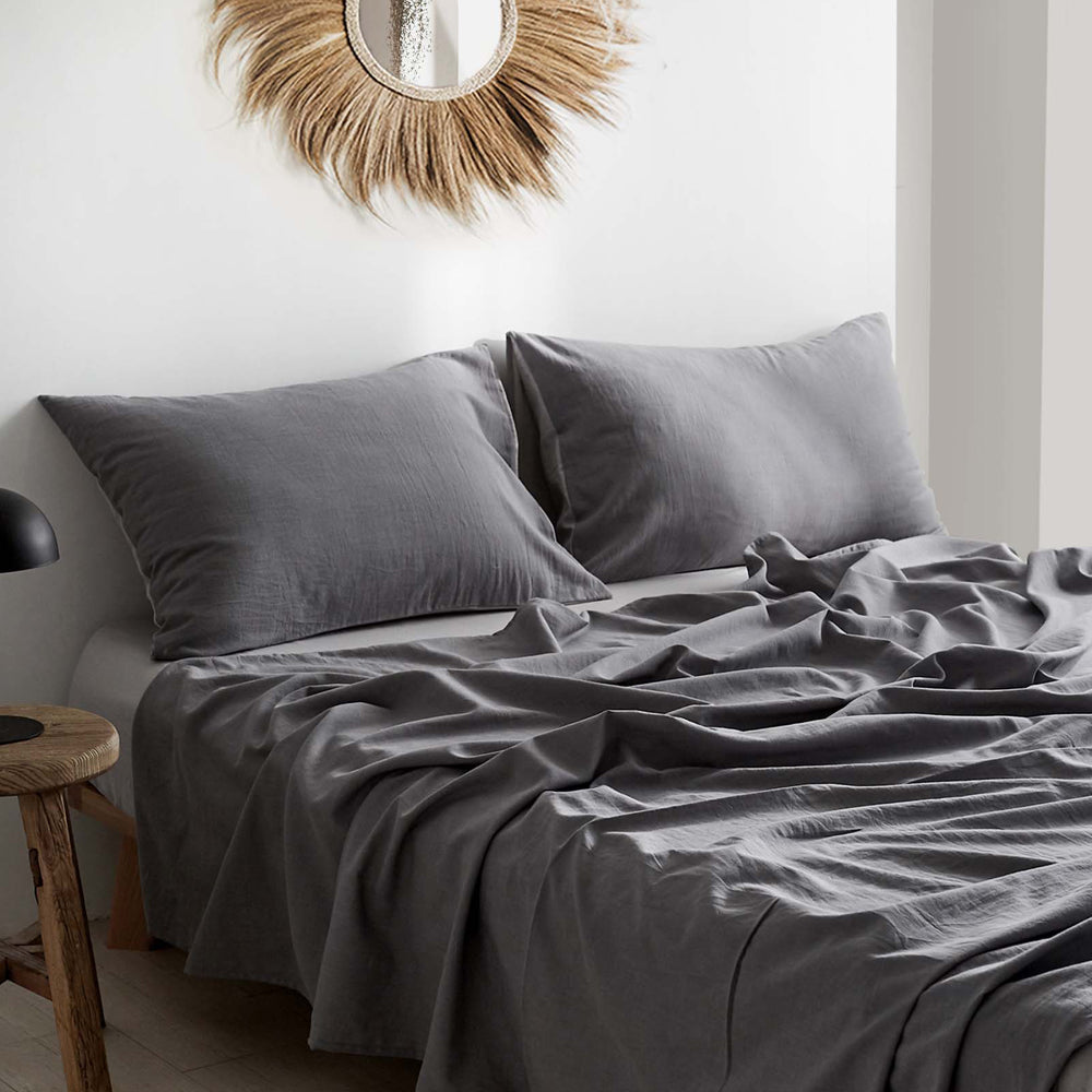 Cosy Club Washed Cotton Sheet Set in Grey, featuring a soft texture and elegant design, perfect for double beds.