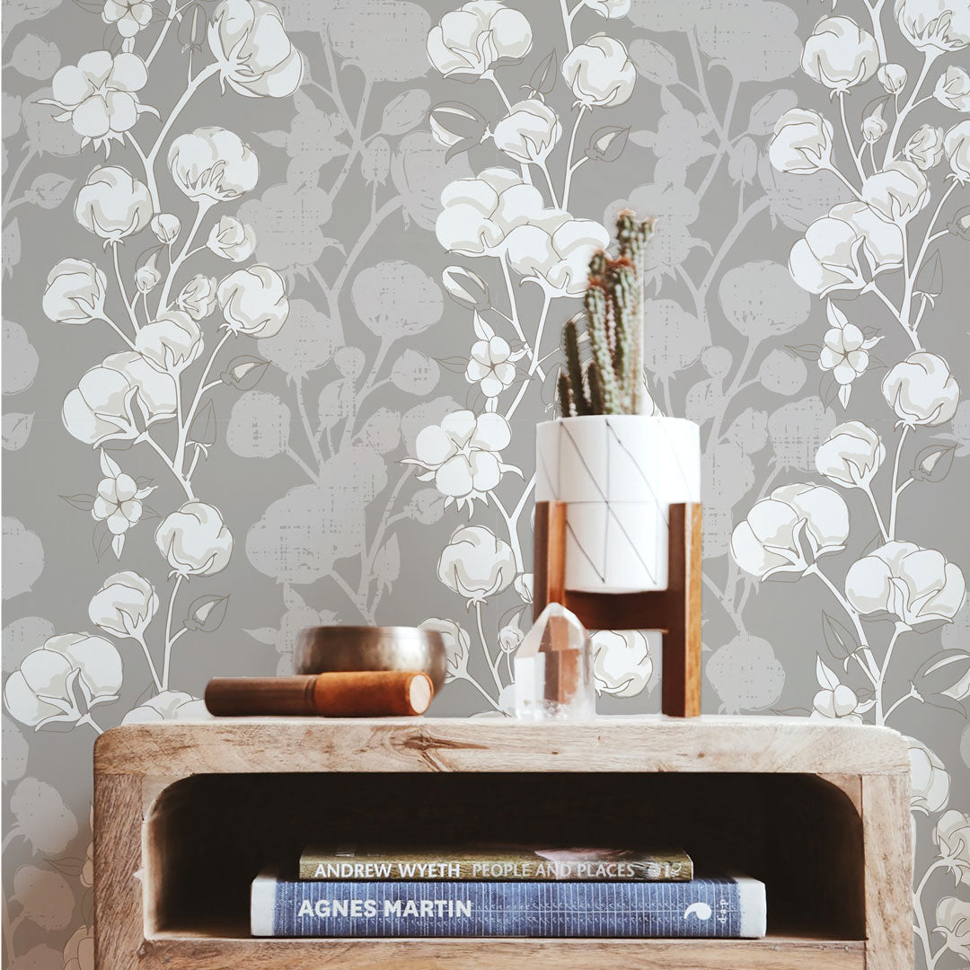 Cotton Blossoms Wallpaper featuring a modern floral design in vibrant colors, perfect for home decor.