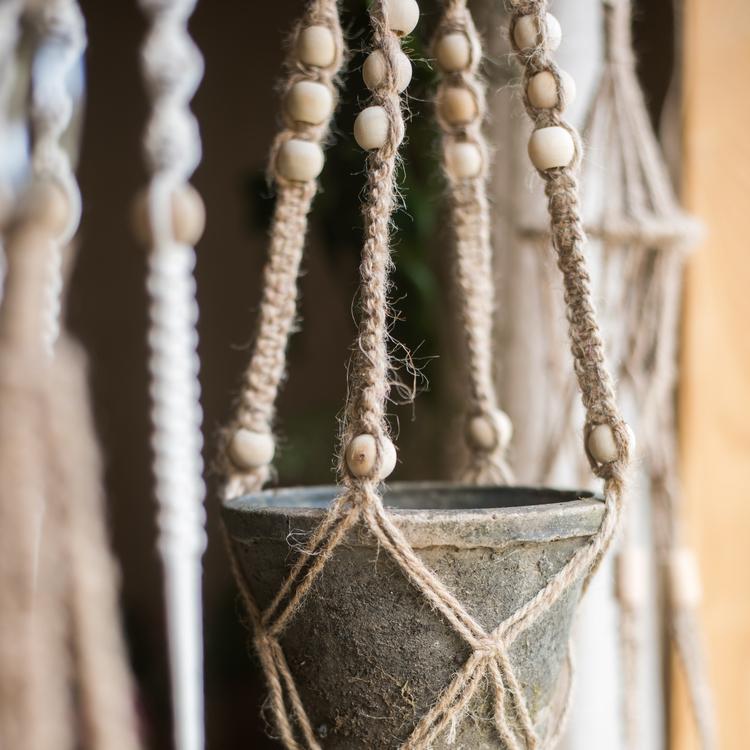 Cotton Hemp Rope Planter Hanger in beige, showcasing its durable design and multiple lengths for versatile plant display.