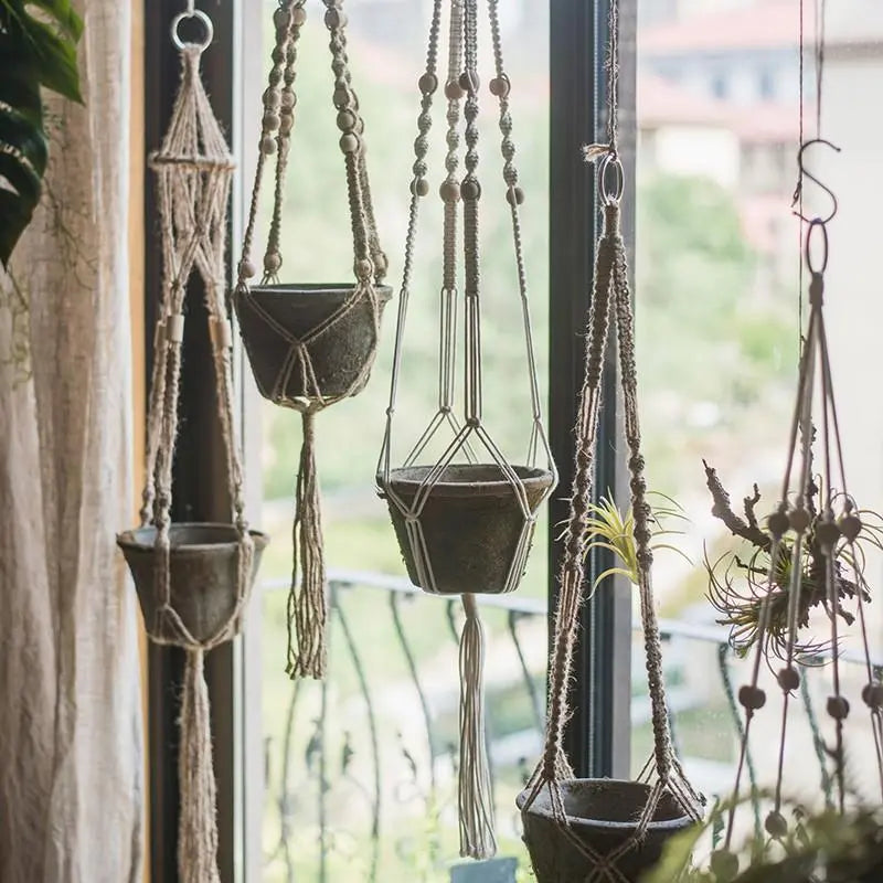 Cotton Hemp Rope Planter Hanger in beige, showcasing its durable design and multiple lengths for versatile plant display.