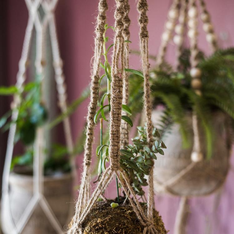 Cotton Hemp Rope Planter Hanger in beige, showcasing its durable design and multiple lengths for versatile plant display.