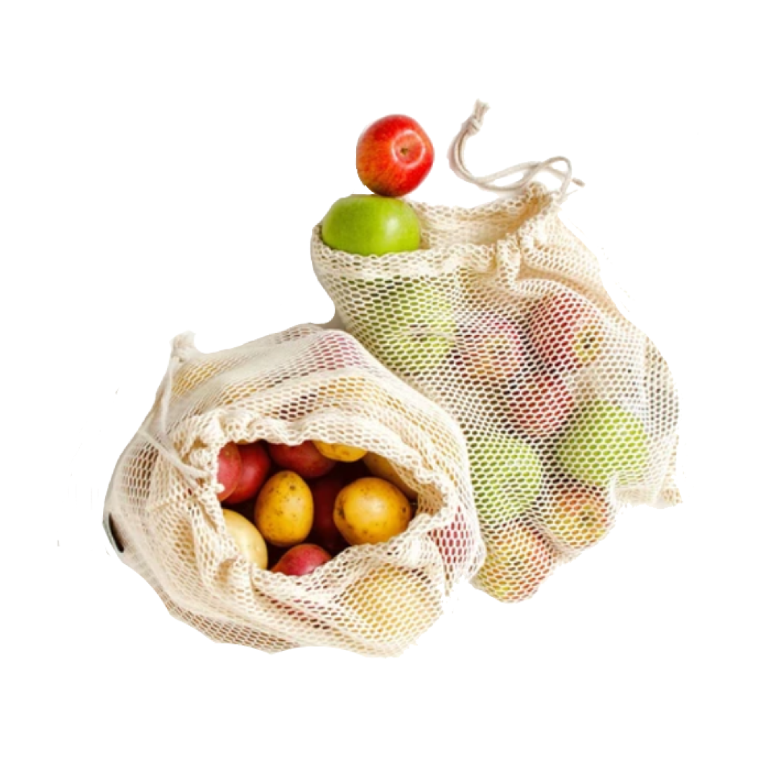 Set of 2 organic cotton mesh bags in small and medium sizes, perfect for eco-friendly shopping.