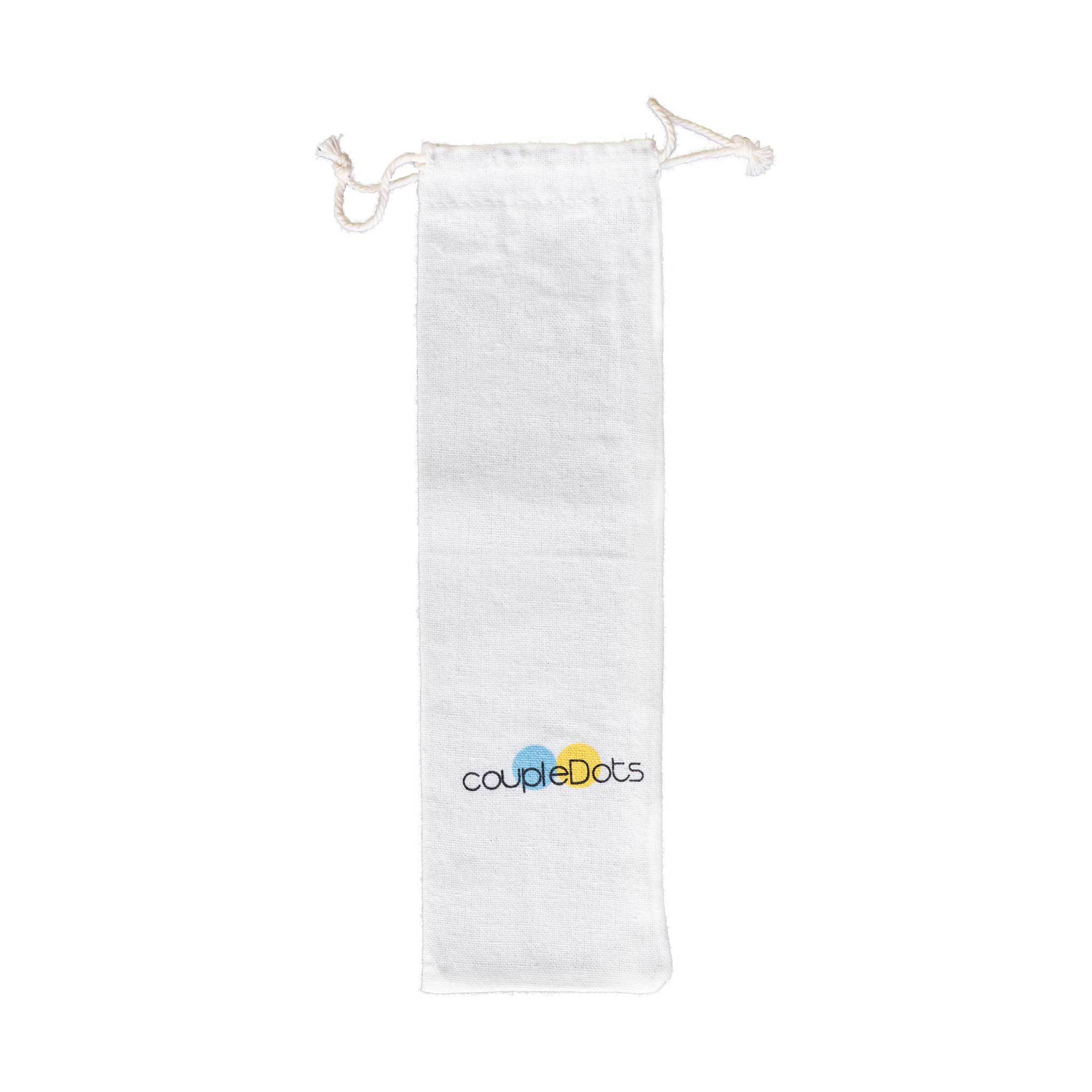 A stylish 100% cotton pouch designed for storing reusable straws, featuring a drawstring closure and compact dimensions.