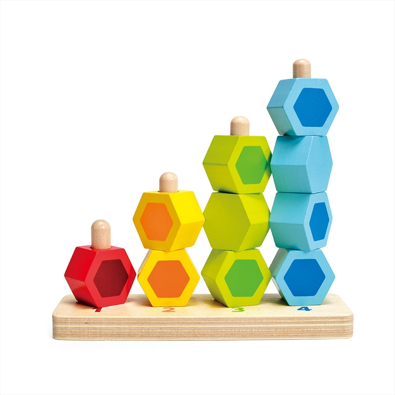 A colorful Counting Stacker toy featuring various beads in different shapes and colors, designed for children aged 12 months and older.