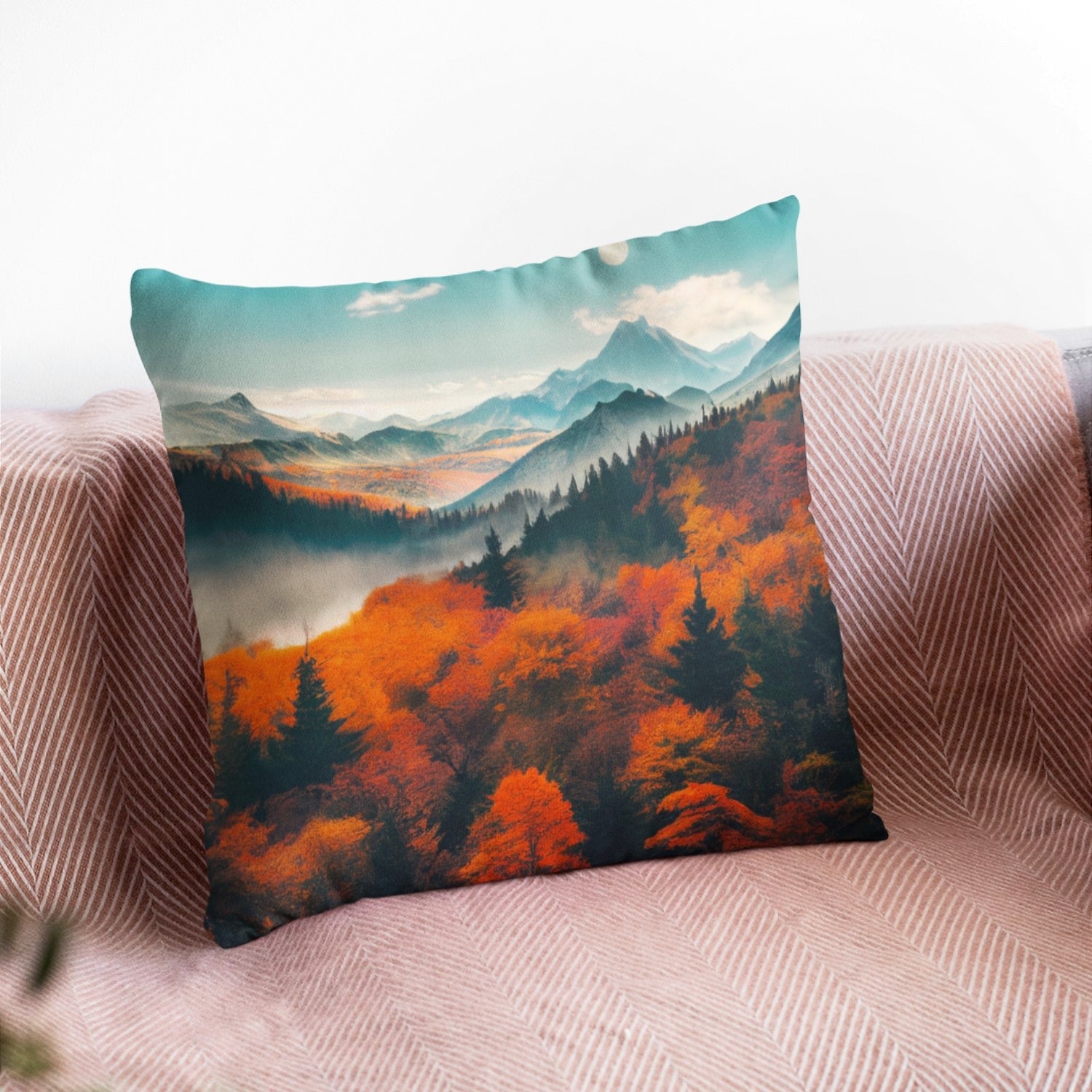 Country House Decor Fall Tree View Cushion Cover featuring a mountains pattern, showcasing vibrant colors and a rustic design.