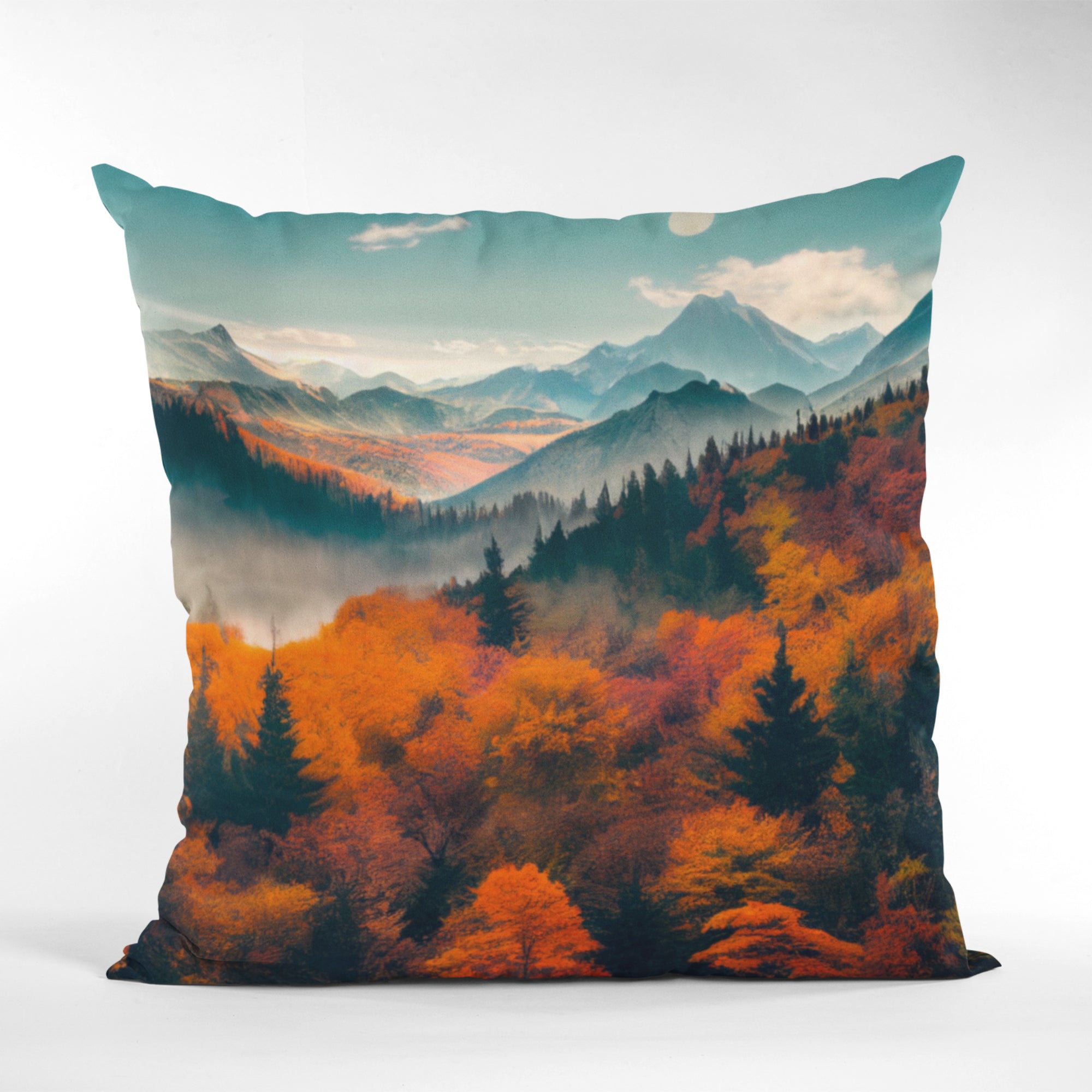 Country House Decor Fall Tree View Cushion Cover featuring a mountains pattern, showcasing vibrant colors and a rustic design.