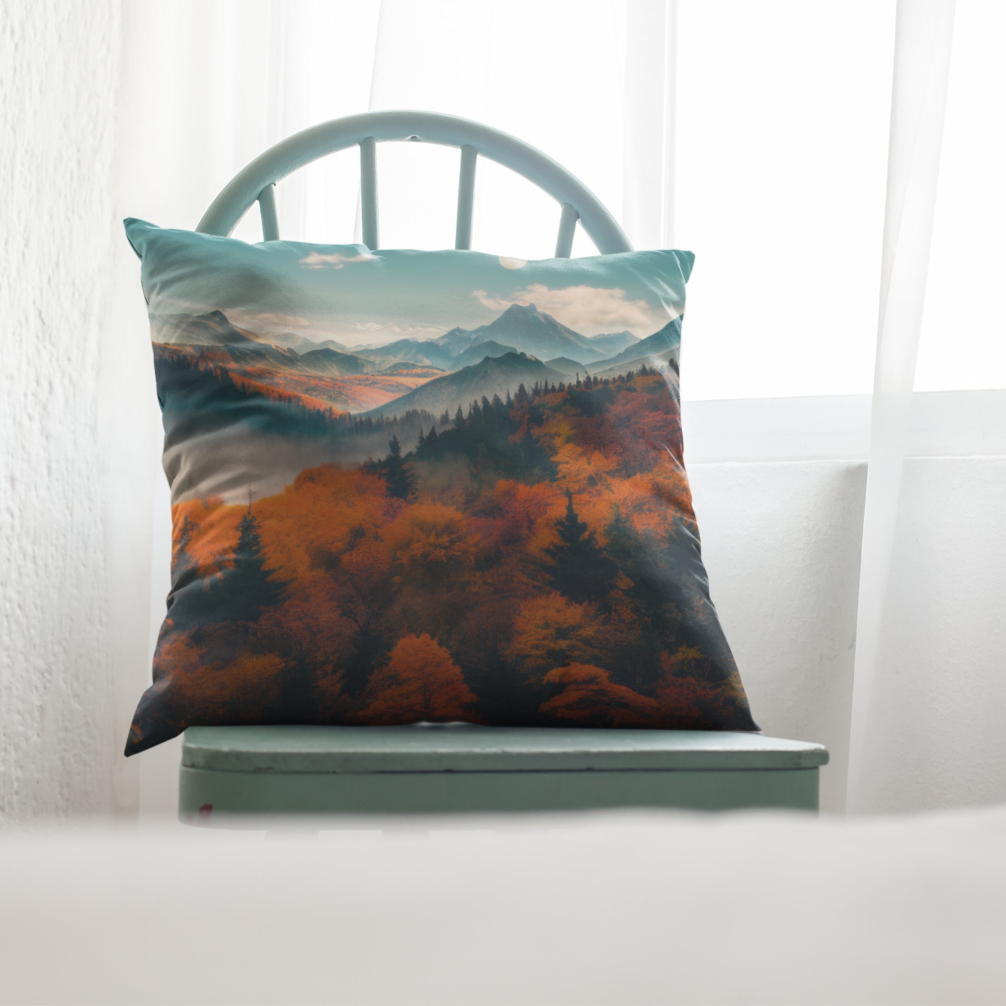 Country House Decor Fall Tree View Cushion Cover featuring a mountains pattern, showcasing vibrant colors and a rustic design.