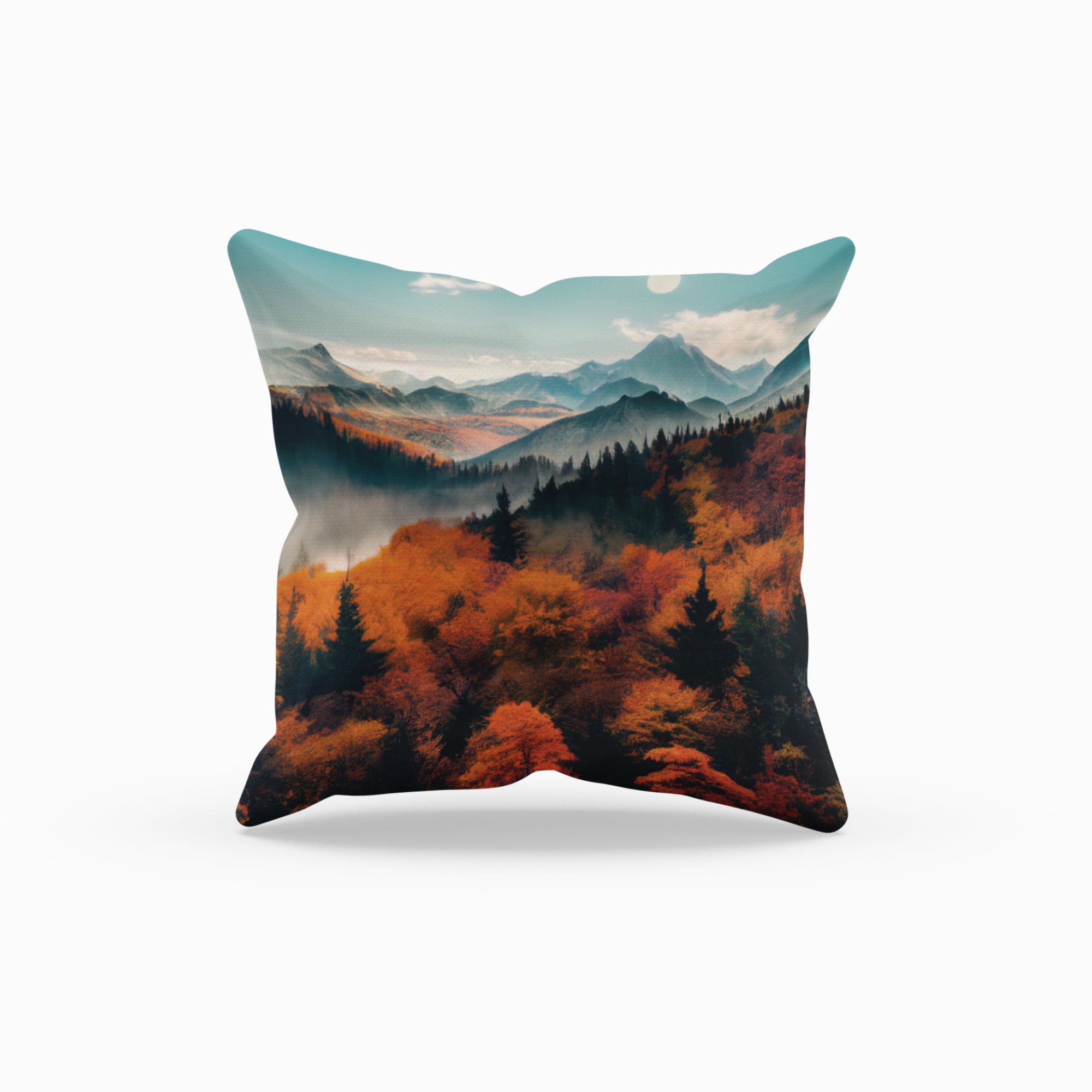 Country House Decor Fall Tree View Cushion Cover featuring a mountains pattern, showcasing vibrant colors and a rustic design.