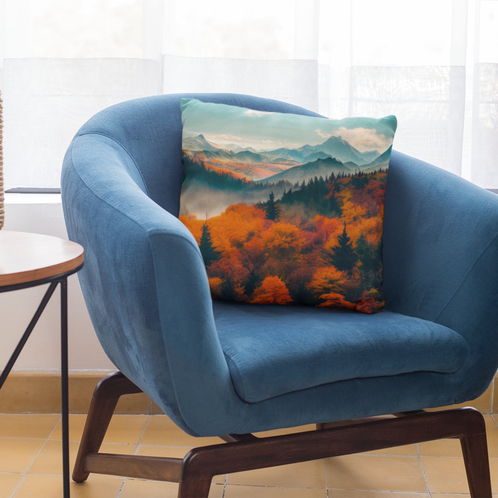 Country House Decor Fall Tree View Cushion Cover featuring a mountains pattern, showcasing vibrant colors and a rustic design.